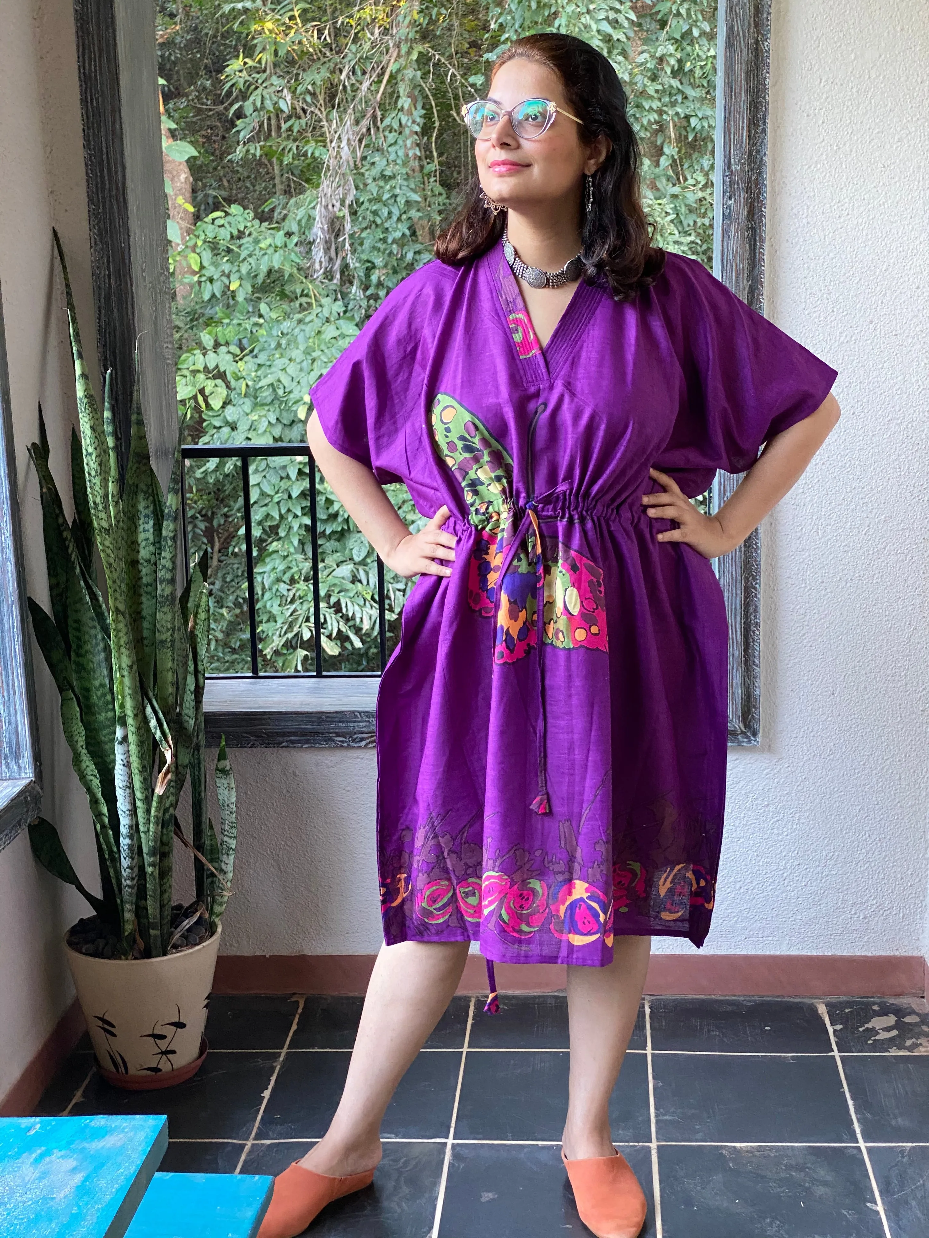 Big Butterfly V-Neck, Knee Length, Cinched Waist Kaftan