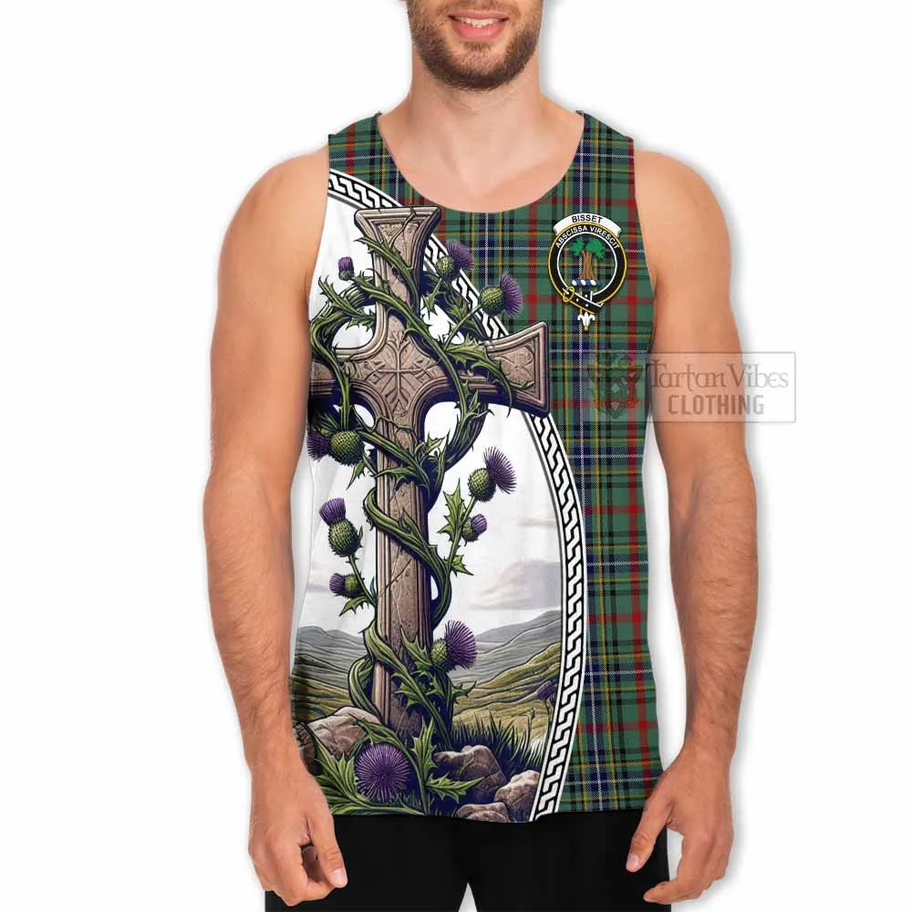 Bisset Tartan Men's Tank Top with Family Crest and St. Andrew's Cross Accented by Thistle Vines