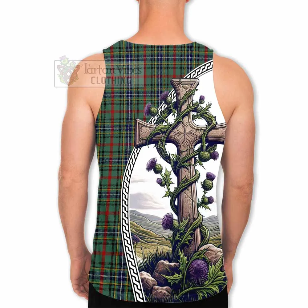 Bisset Tartan Men's Tank Top with Family Crest and St. Andrew's Cross Accented by Thistle Vines