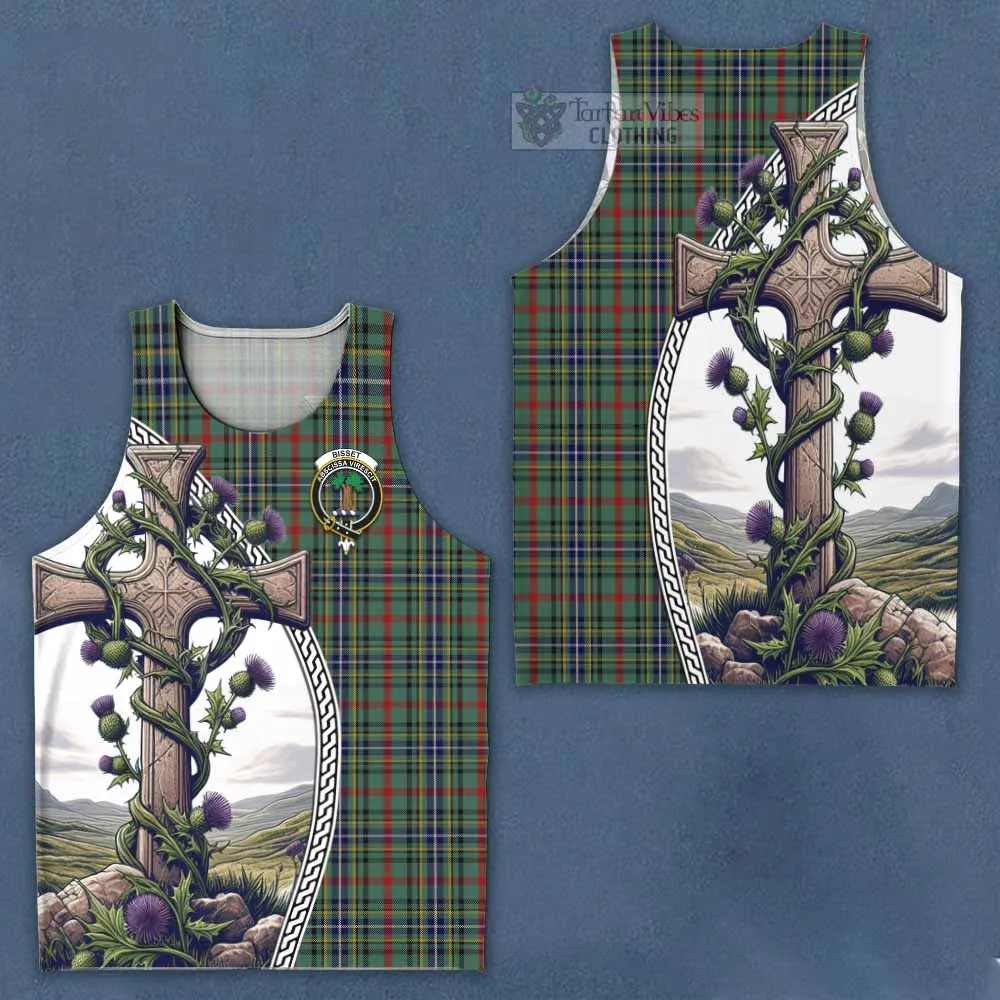 Bisset Tartan Men's Tank Top with Family Crest and St. Andrew's Cross Accented by Thistle Vines