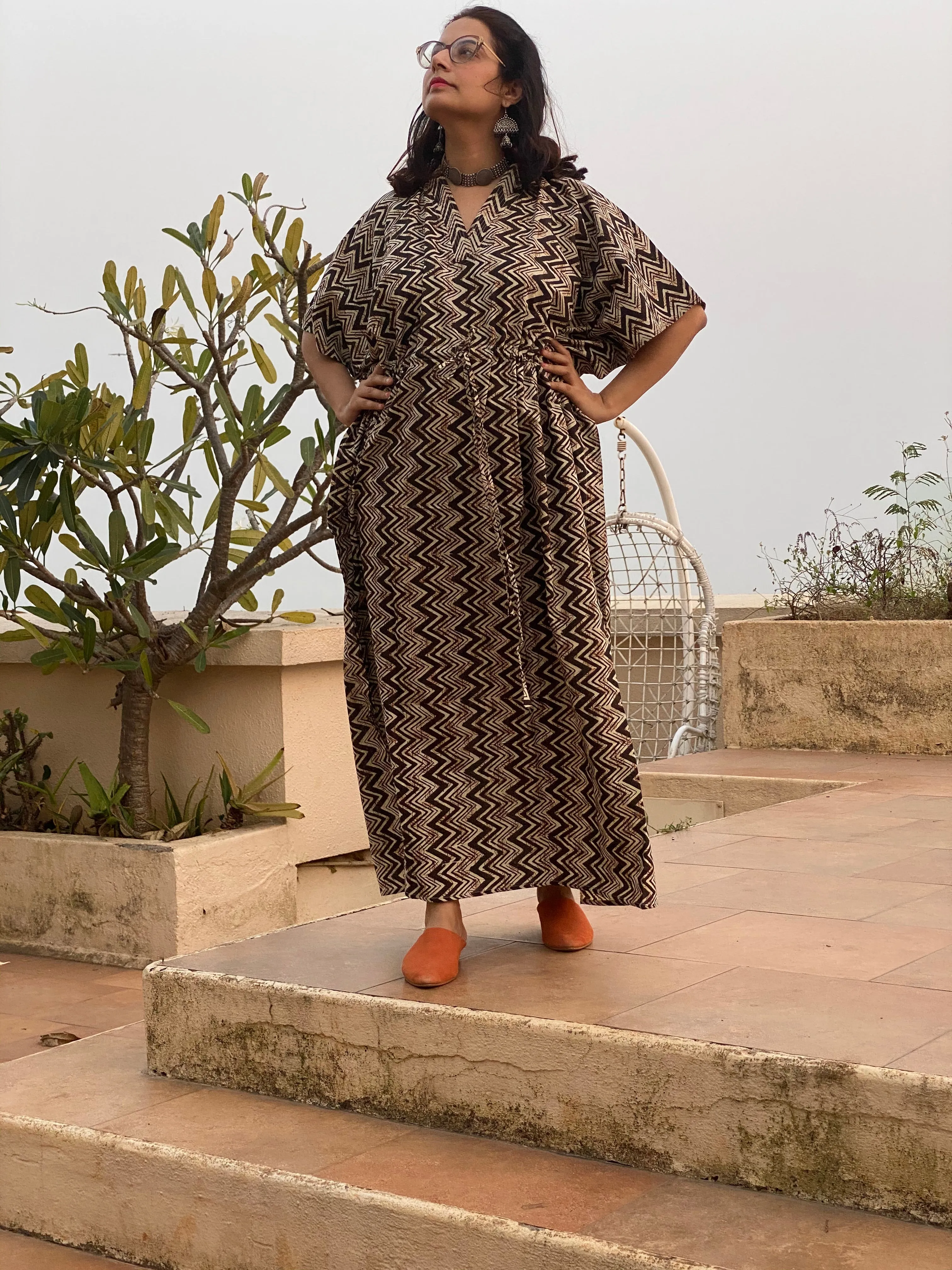 Black Chevron Motif Hand Block Printed Caftan with V-Neck, Cinched Waist and Available in both Knee and Ankle Length