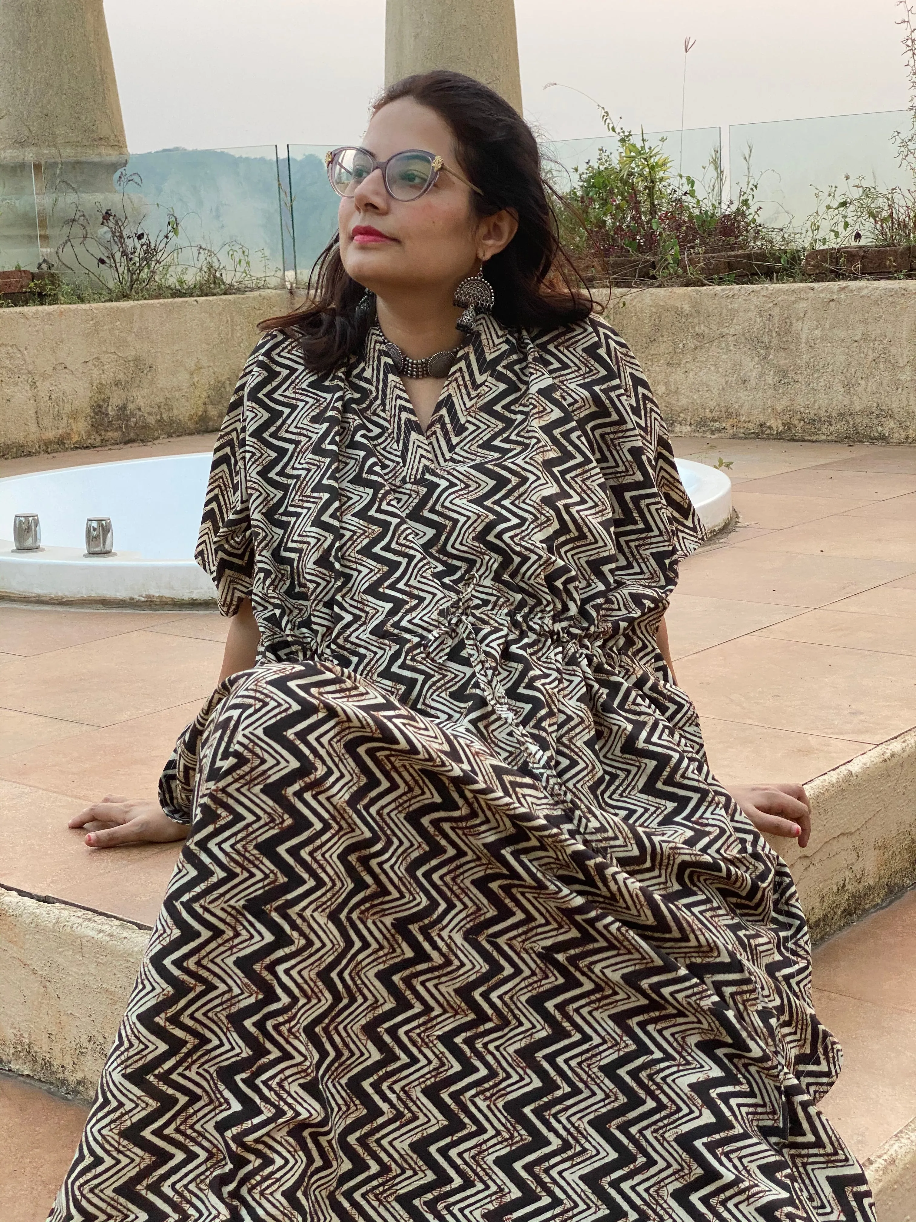 Black Chevron Motif Hand Block Printed Caftan with V-Neck, Cinched Waist and Available in both Knee and Ankle Length