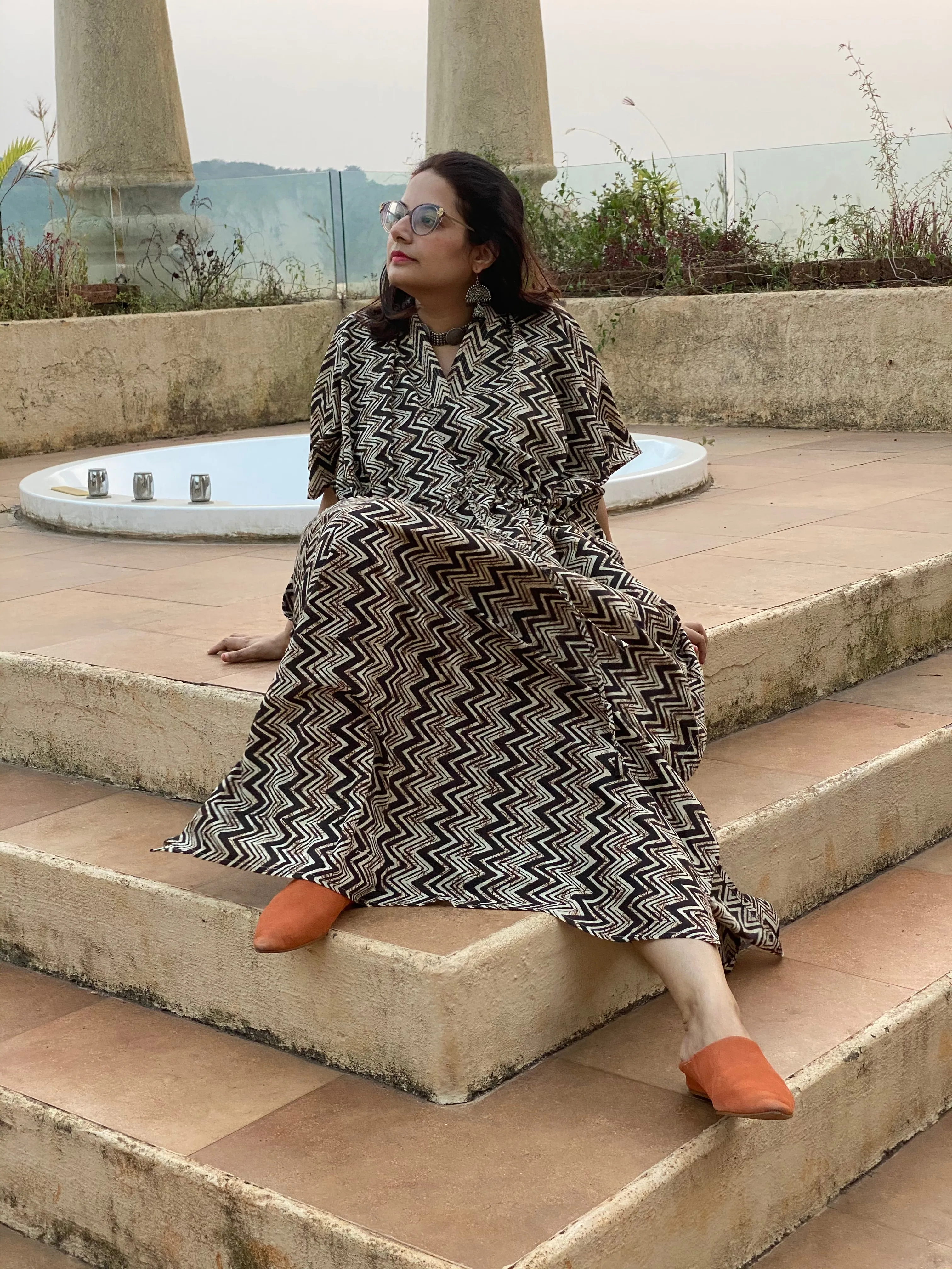 Black Chevron Motif Hand Block Printed Caftan with V-Neck, Cinched Waist and Available in both Knee and Ankle Length