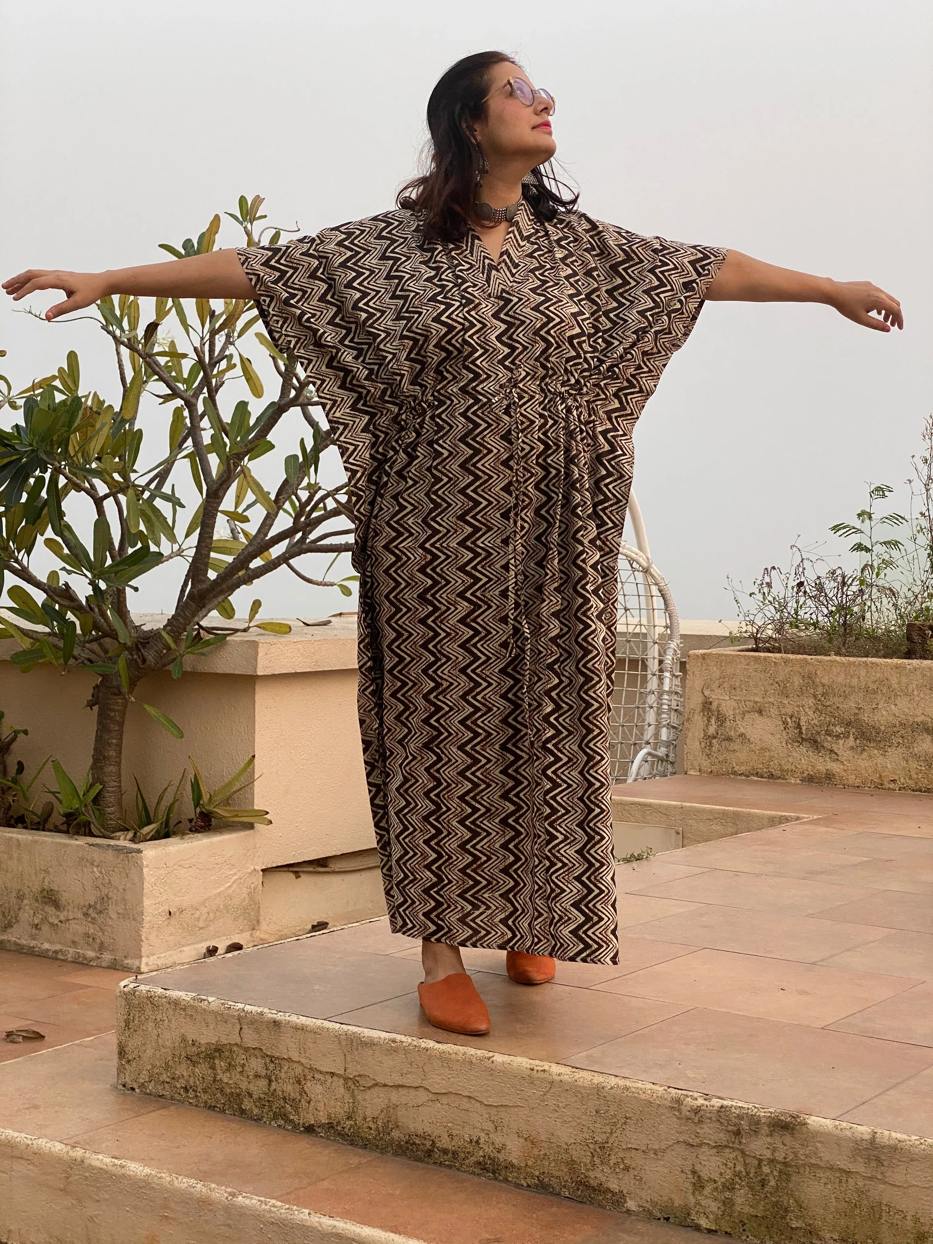 Black Chevron Motif Hand Block Printed Caftan with V-Neck, Cinched Waist and Available in both Knee and Ankle Length