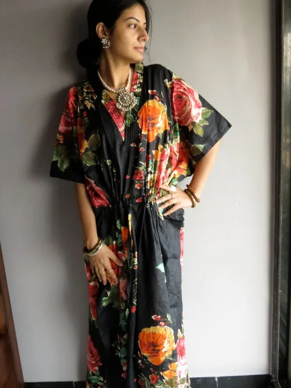 Black Multicolor Big Flower V-Neck, Ankle Length, Cinched Waist Caftan