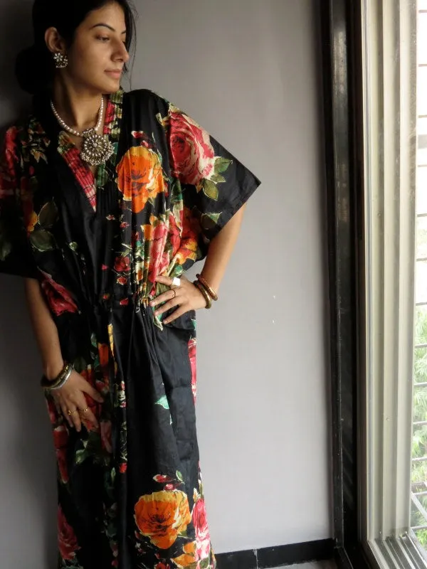 Black Multicolor Big Flower V-Neck, Ankle Length, Cinched Waist Caftan