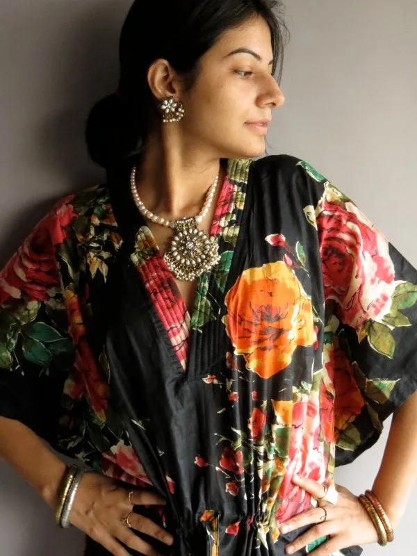 Black Multicolor Big Flower V-Neck, Ankle Length, Cinched Waist Caftan