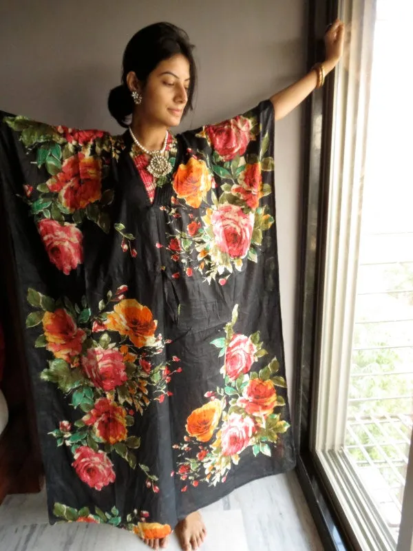 Black Multicolor Big Flower V-Neck, Ankle Length, Cinched Waist Caftan