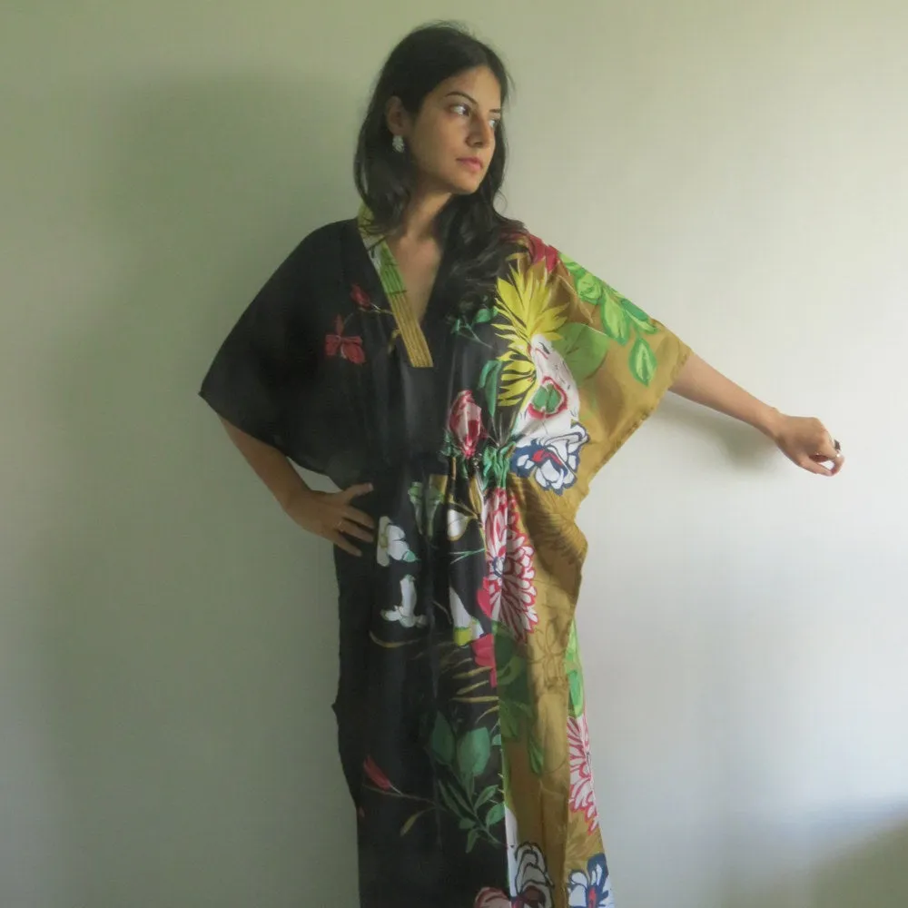 Black Multicolor V-Neck, Ankle Length Caftan