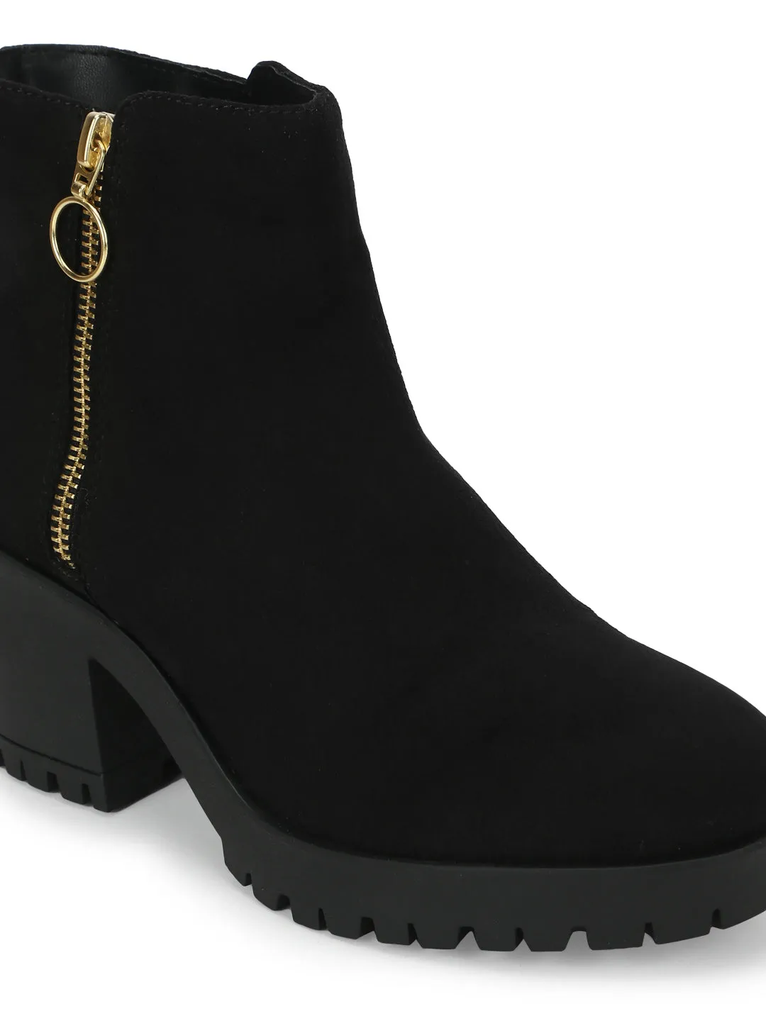 Black Suede Zip Up Block Heel Ankle Boots (TC-ST-1200-BLKSUE)