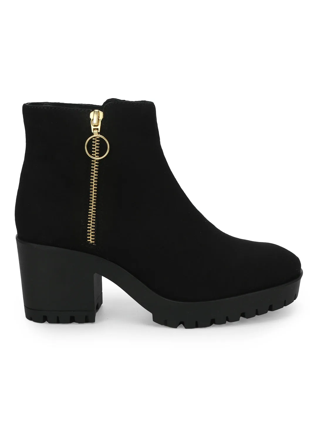 Black Suede Zip Up Block Heel Ankle Boots (TC-ST-1200-BLKSUE)