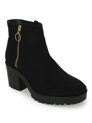 Black Suede Zip Up Block Heel Ankle Boots (TC-ST-1200-BLKSUE)