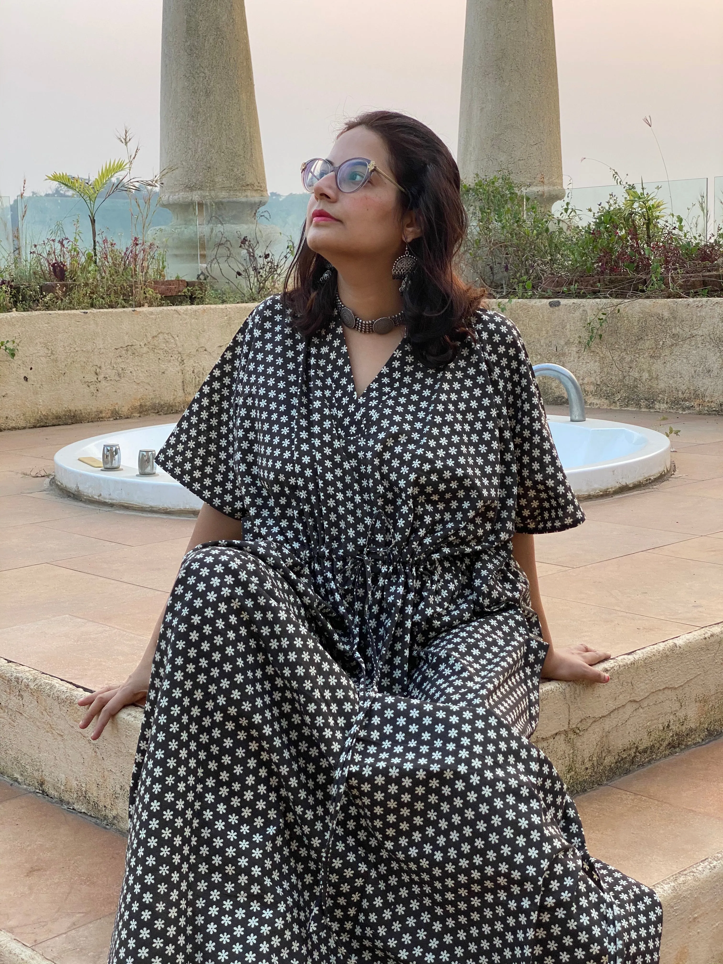 Black Tiny Flowers Motif Hand Block Printed Caftan with V-Neck, Cinched Waist and Available in both Knee and Ankle Length