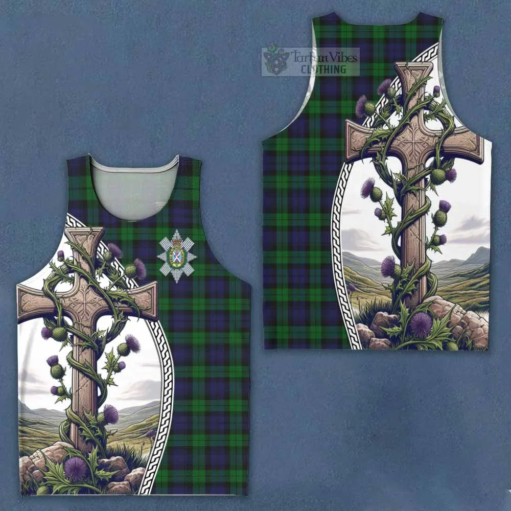 Black Watch Tartan Men's Tank Top with Family Crest and St. Andrew's Cross Accented by Thistle Vines