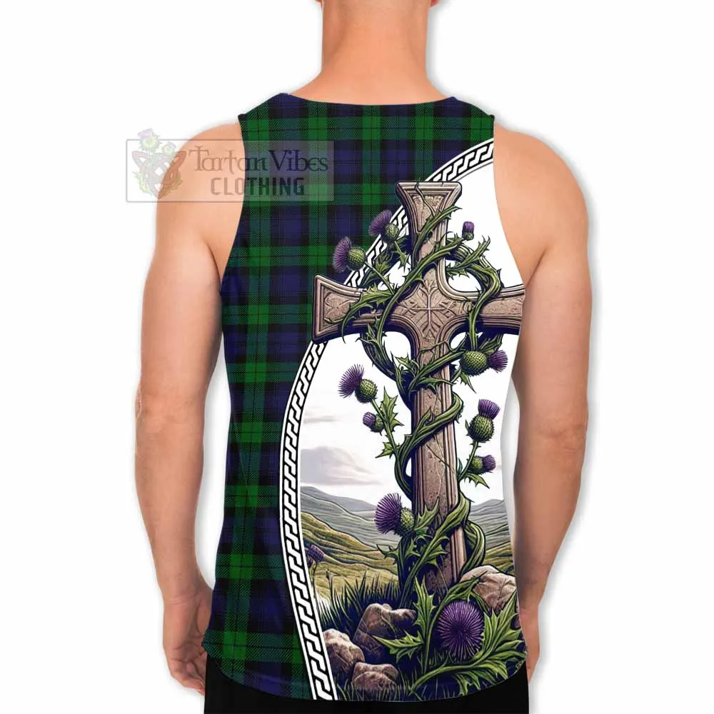 Black Watch Tartan Men's Tank Top with Family Crest and St. Andrew's Cross Accented by Thistle Vines