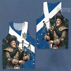 Black Watch Tartan Men's Tank Top with Family Crest Scottish Bagpiper Vibes