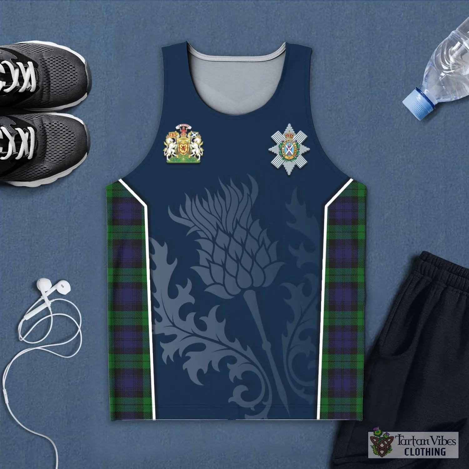 Black Watch Tartan Men's Tanks Top with Family Crest and Scottish Thistle Vibes Sport Style