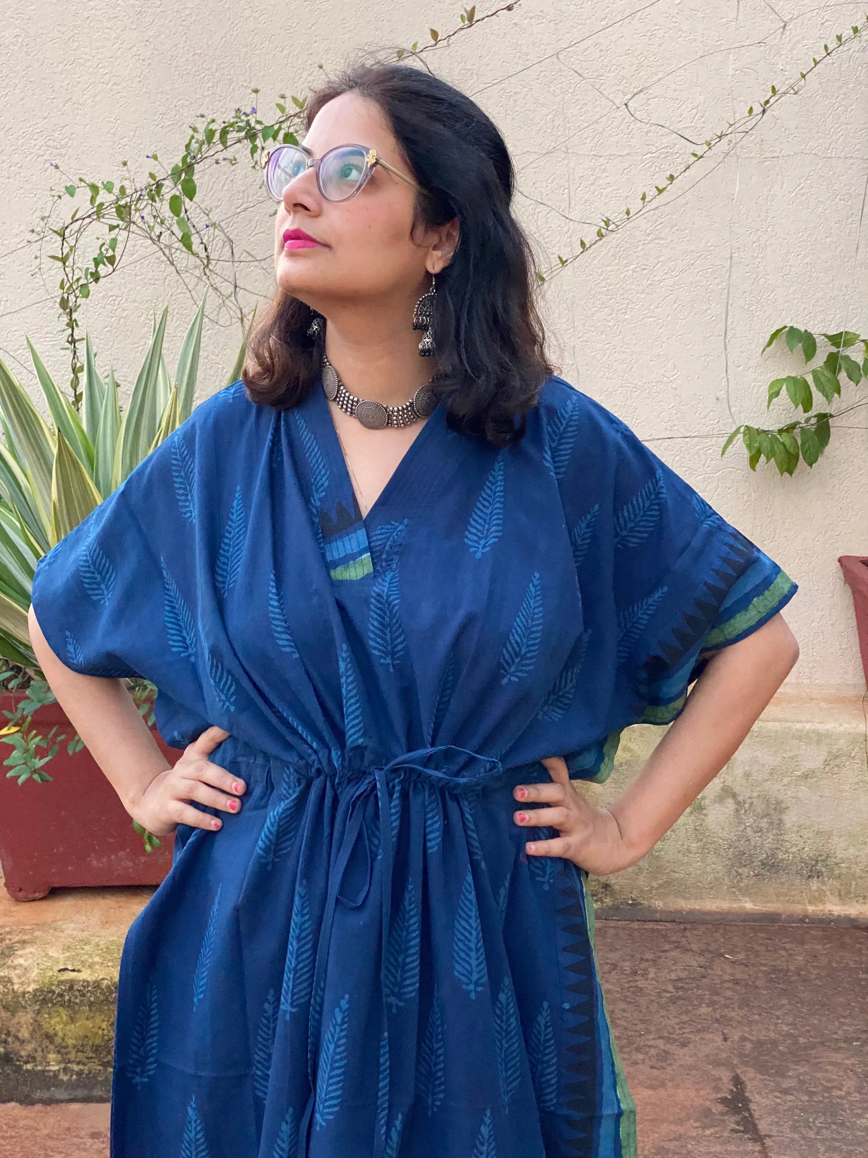 Blue Leafy Bordered Hand Block Printed Caftan with V-Neck, Cinched Waist and Available in both Knee and Ankle Length