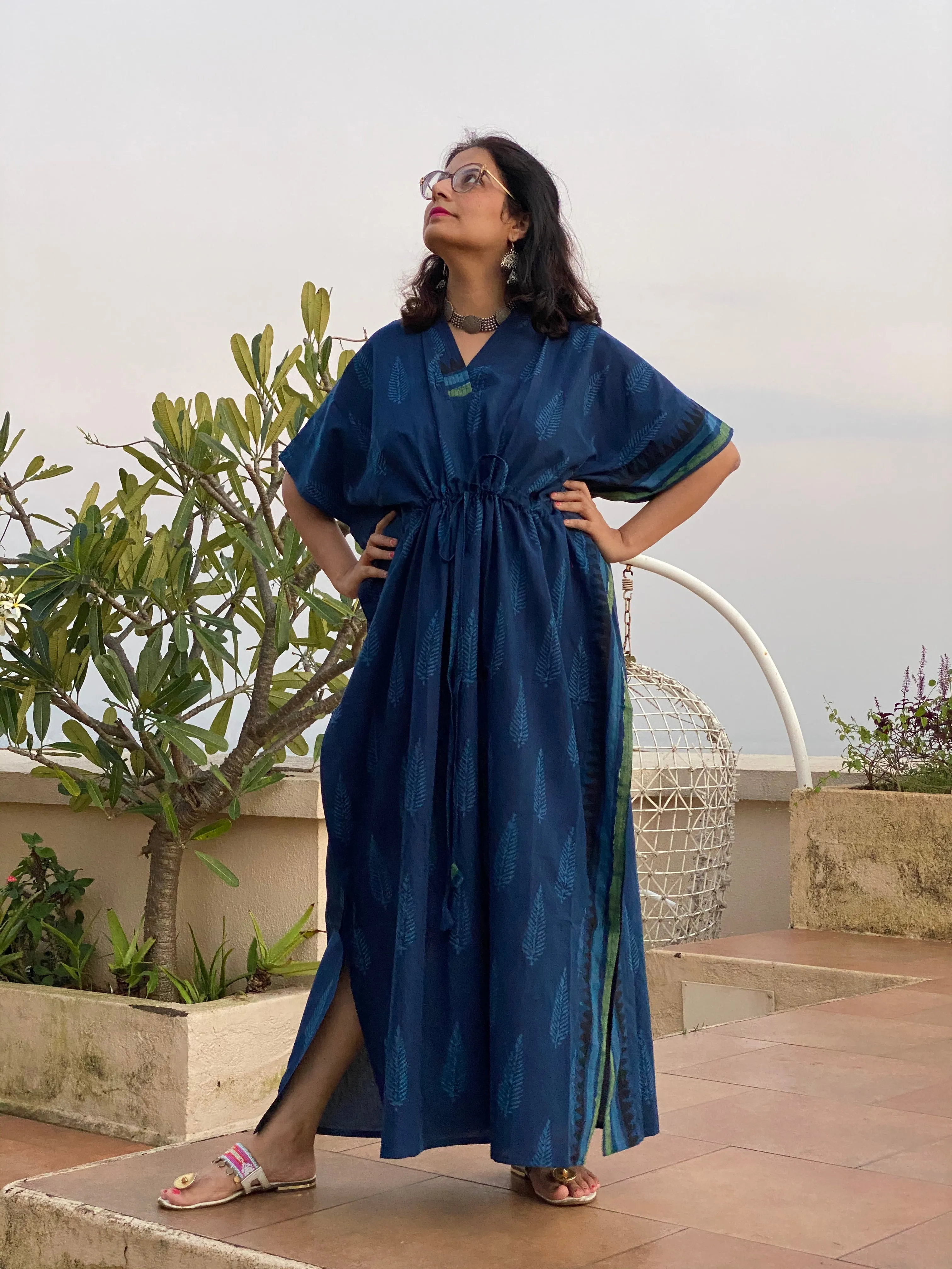 Blue Leafy Bordered Hand Block Printed Caftan with V-Neck, Cinched Waist and Available in both Knee and Ankle Length