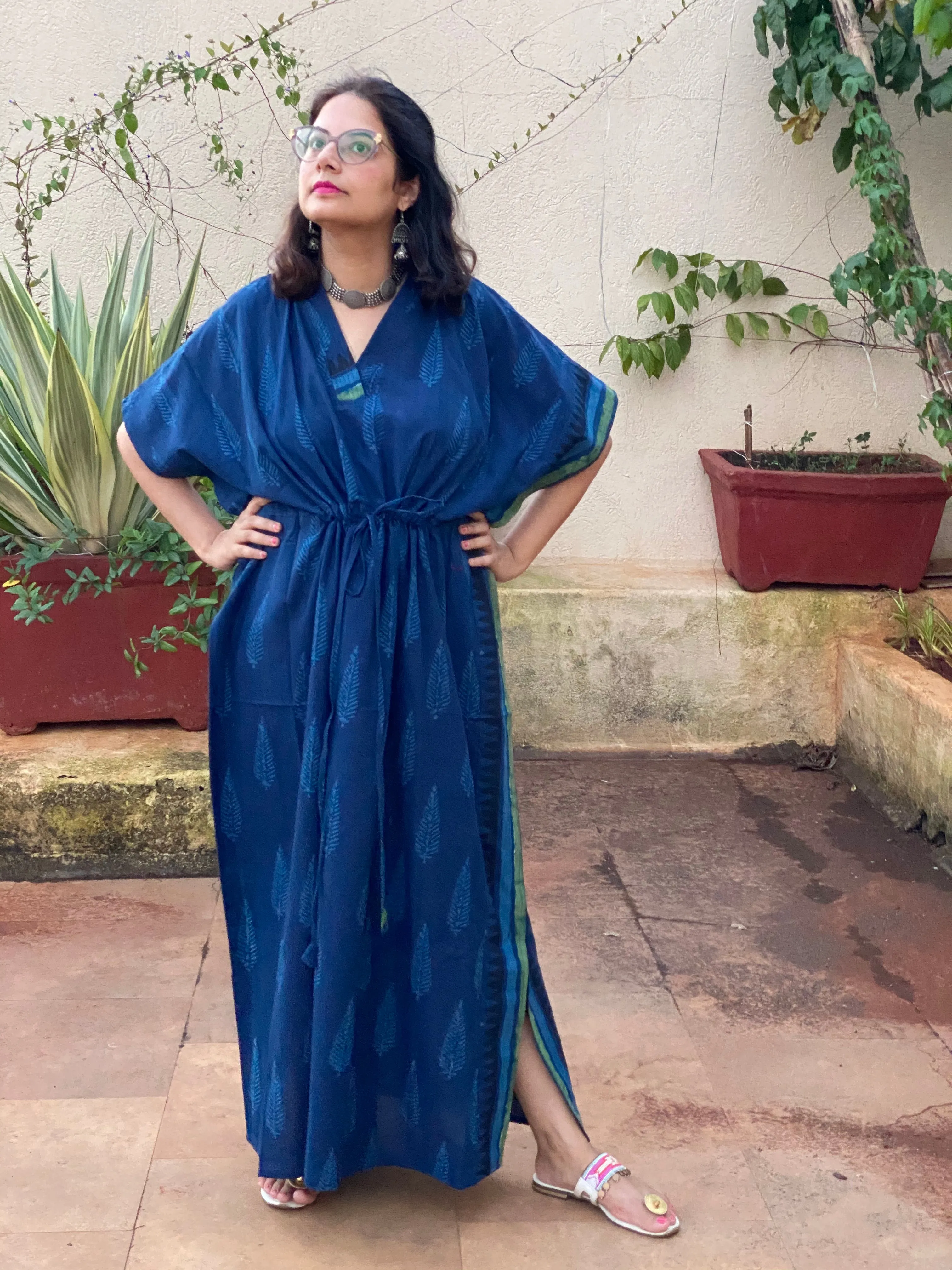 Blue Leafy Bordered Hand Block Printed Caftan with V-Neck, Cinched Waist and Available in both Knee and Ankle Length