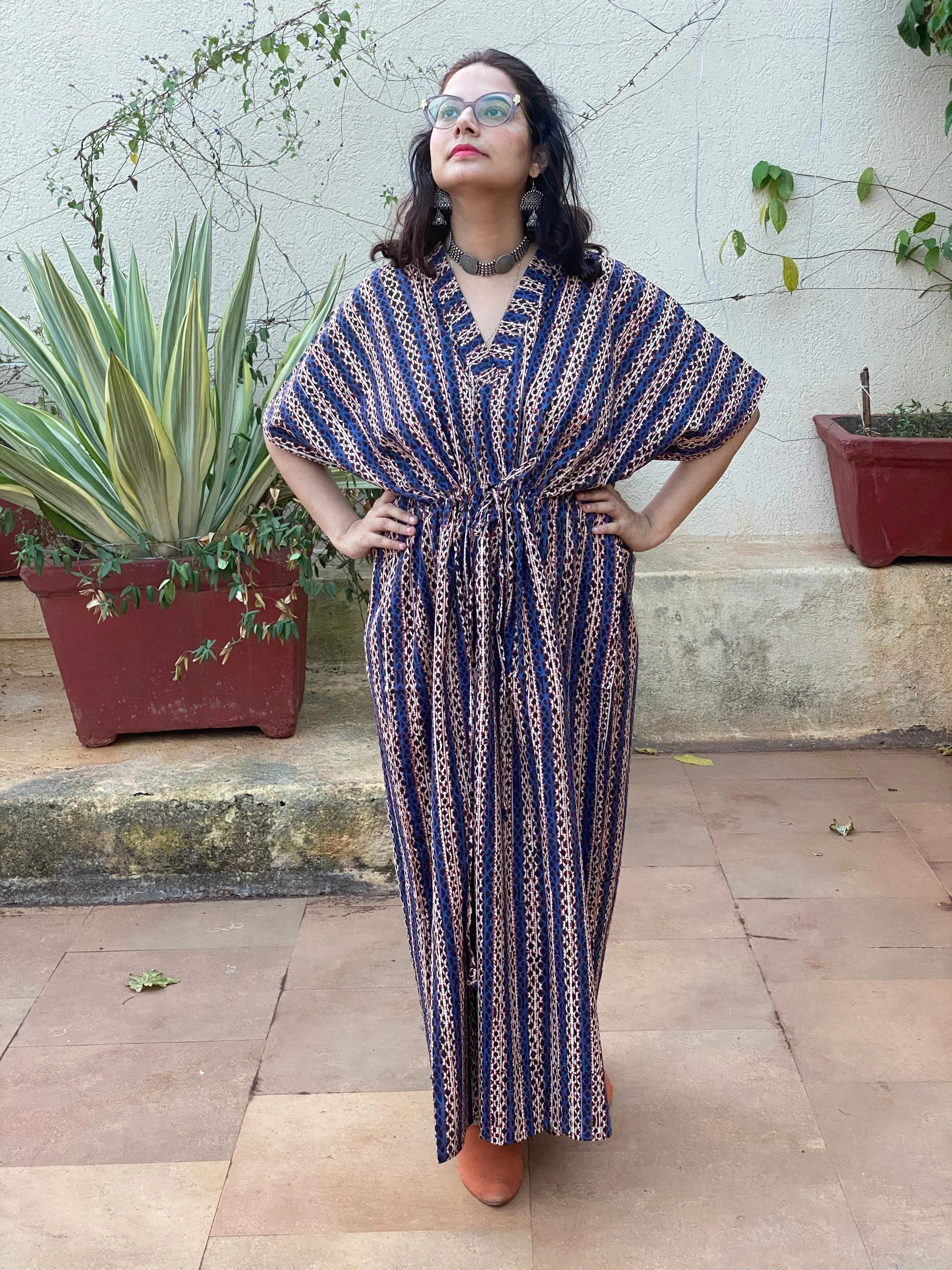 Blue Red Stripes Hand Block Printed Caftan with V-Neck, Cinched Waist and Available in both Knee and Ankle Length