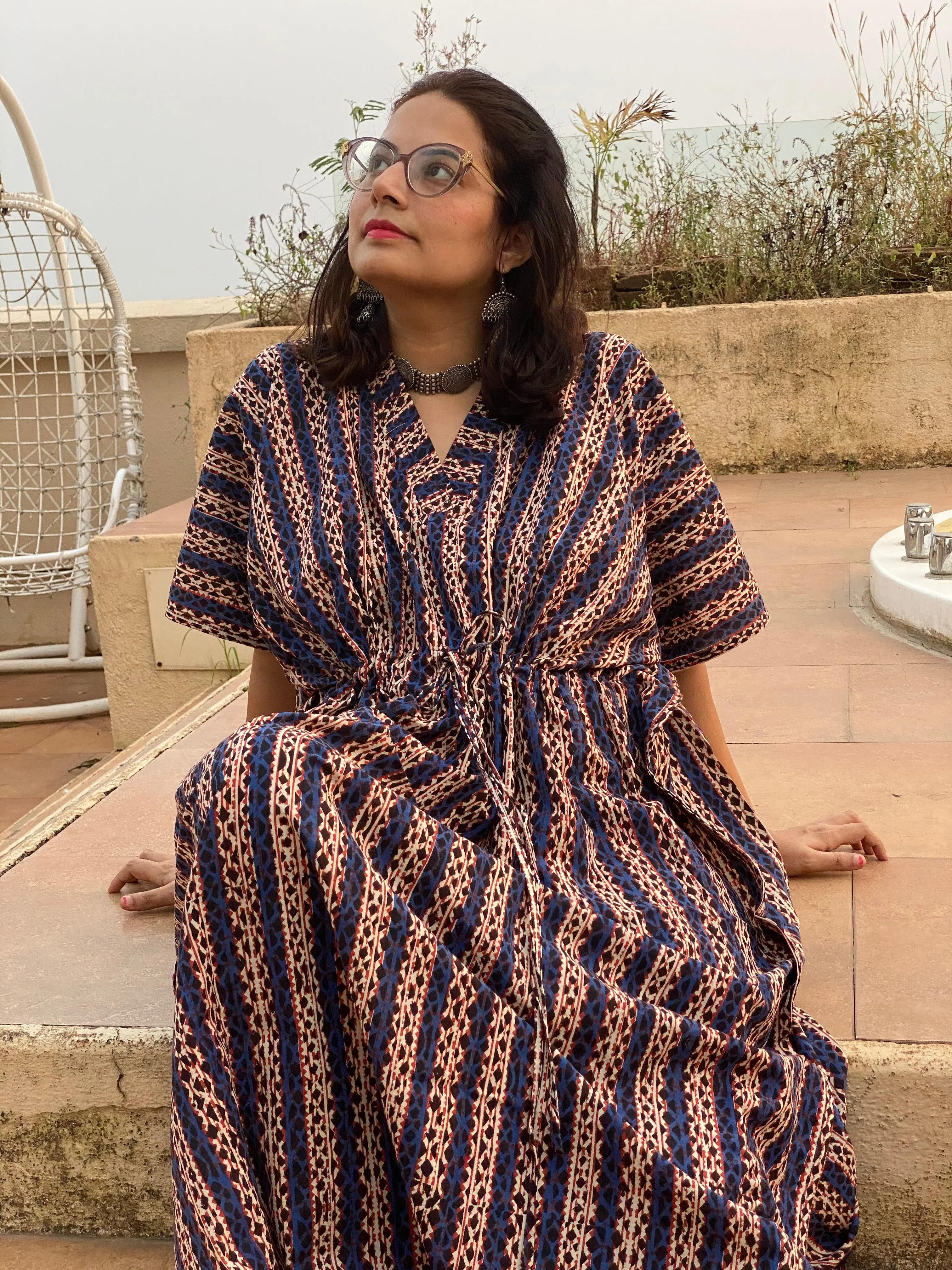 Blue Red Stripes Hand Block Printed Caftan with V-Neck, Cinched Waist and Available in both Knee and Ankle Length