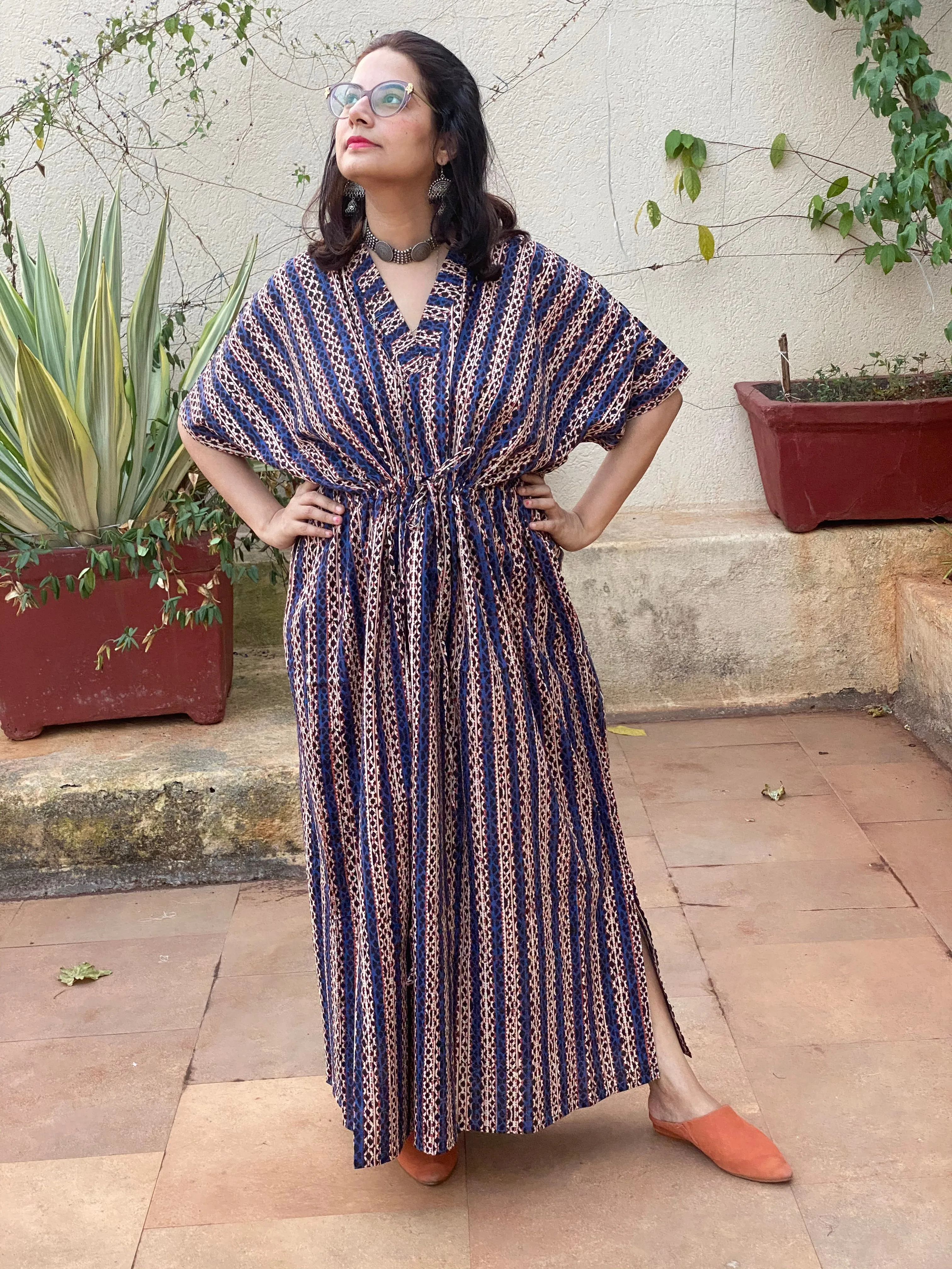 Blue Red Stripes Hand Block Printed Caftan with V-Neck, Cinched Waist and Available in both Knee and Ankle Length