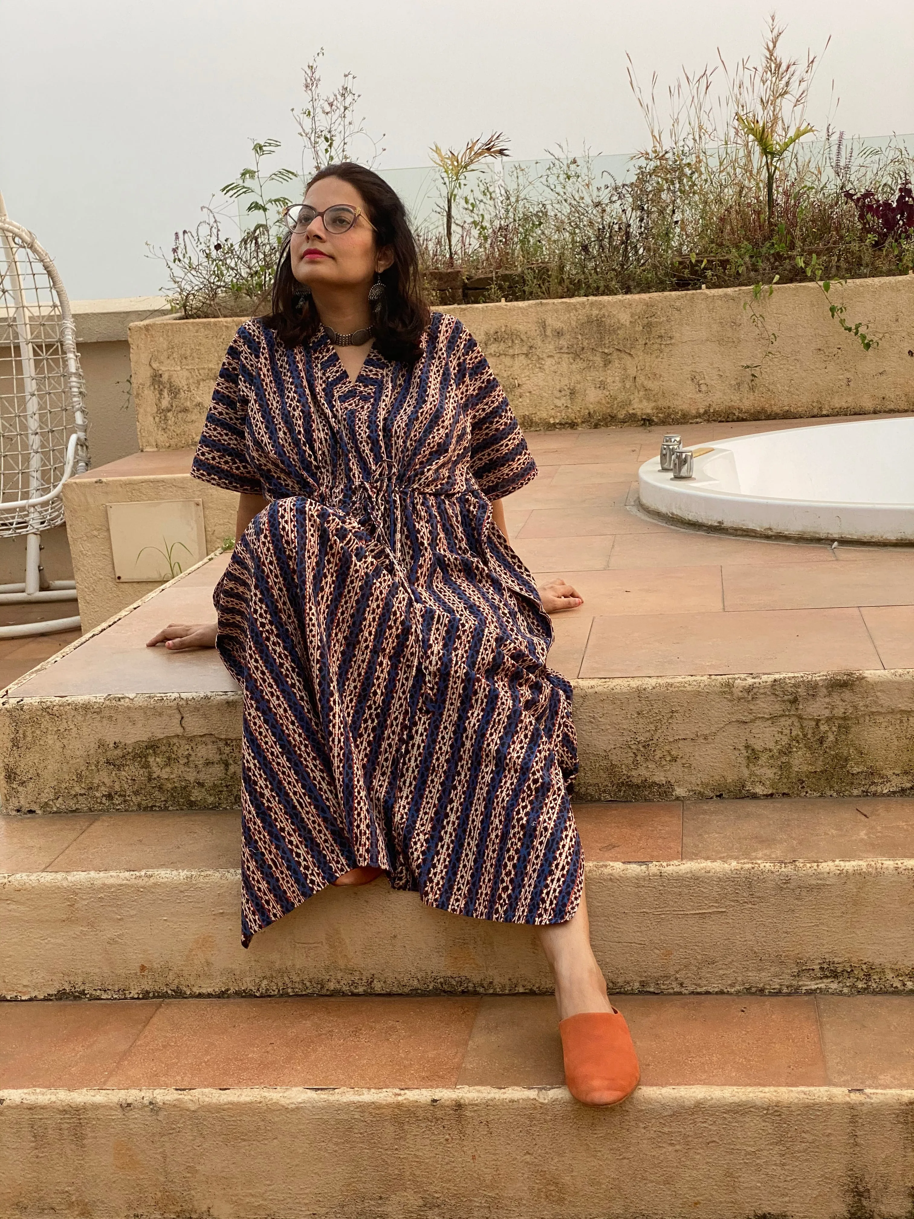 Blue Red Stripes Hand Block Printed Caftan with V-Neck, Cinched Waist and Available in both Knee and Ankle Length