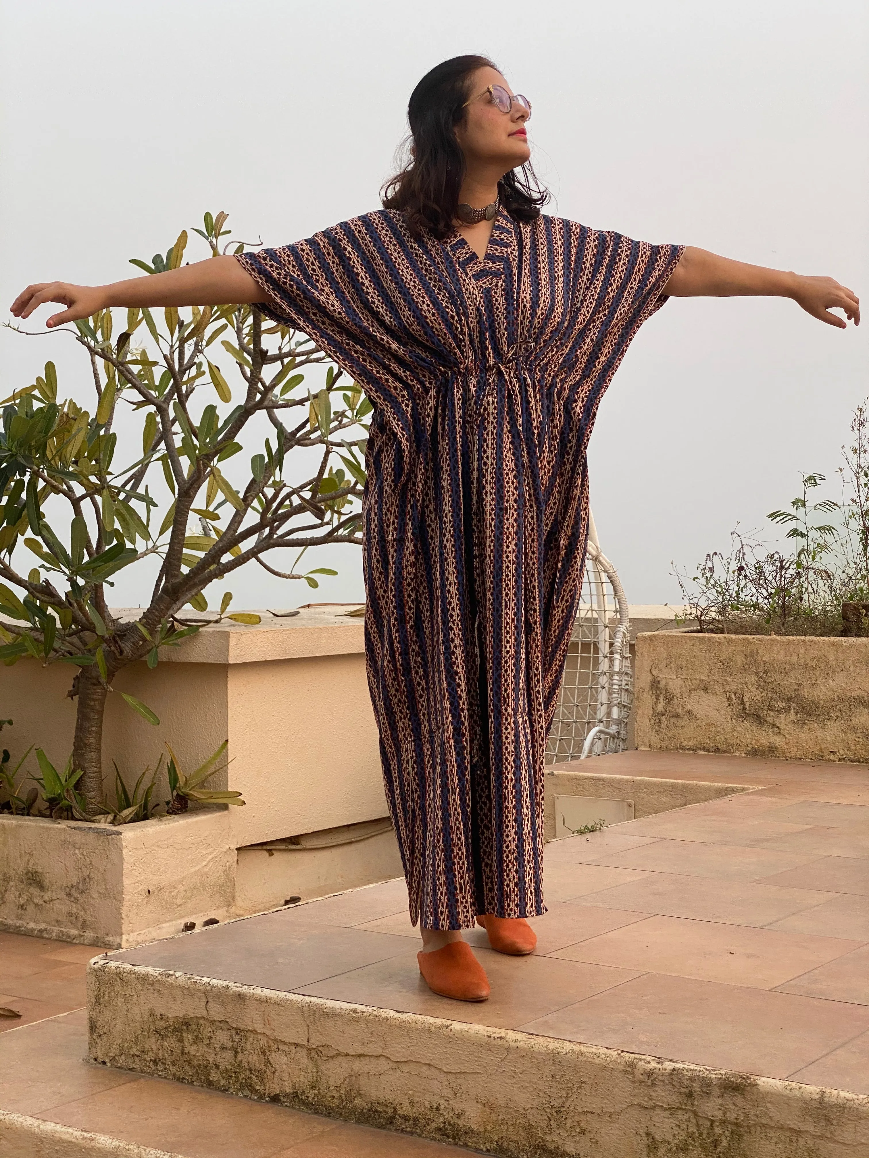 Blue Red Stripes Hand Block Printed Caftan with V-Neck, Cinched Waist and Available in both Knee and Ankle Length