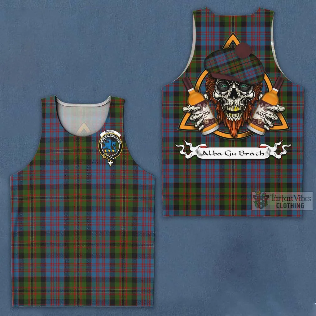 Bowie Tartan Men's Tank Top with Family Crest and Bearded Skull Holding Bottles of Whiskey