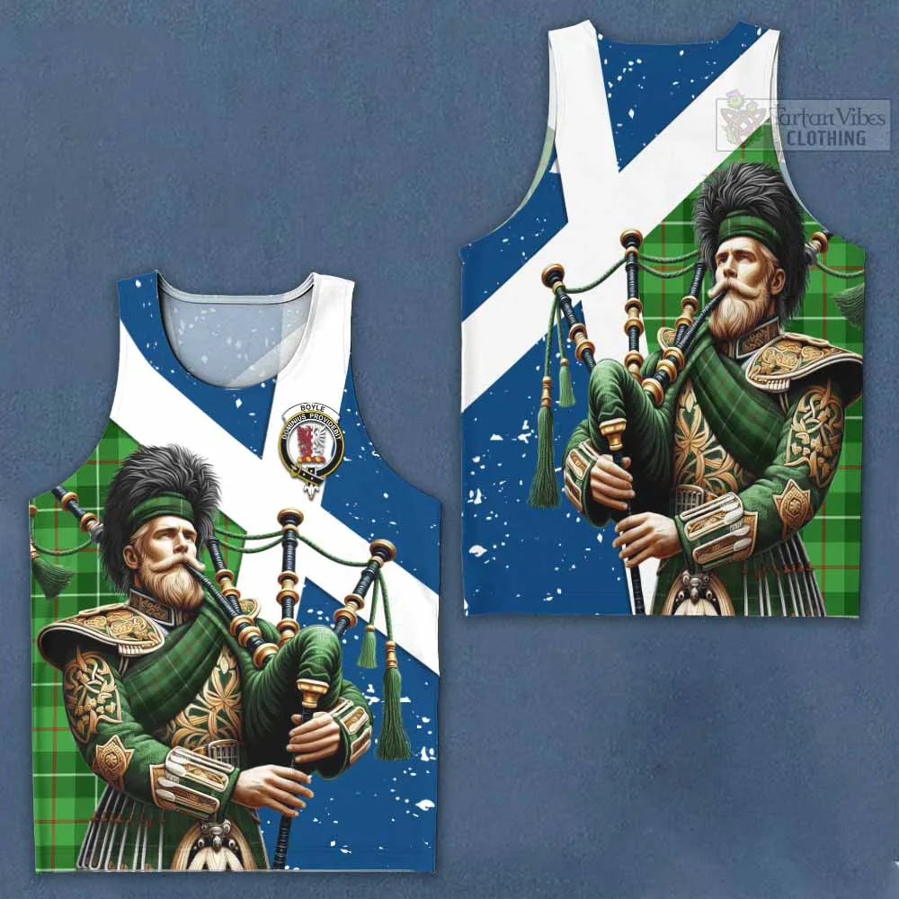 Boyle Tartan Men's Tank Top with Family Crest Scottish Bagpiper Vibes