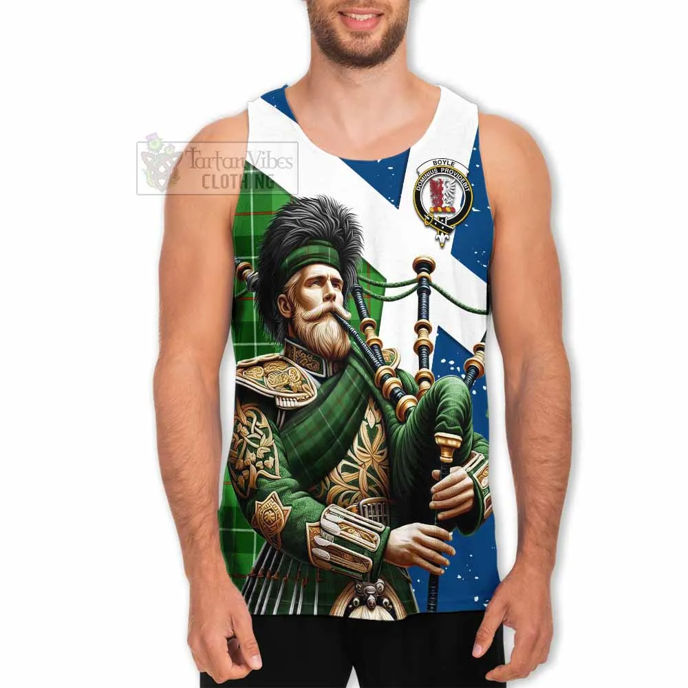 Boyle Tartan Men's Tank Top with Family Crest Scottish Bagpiper Vibes