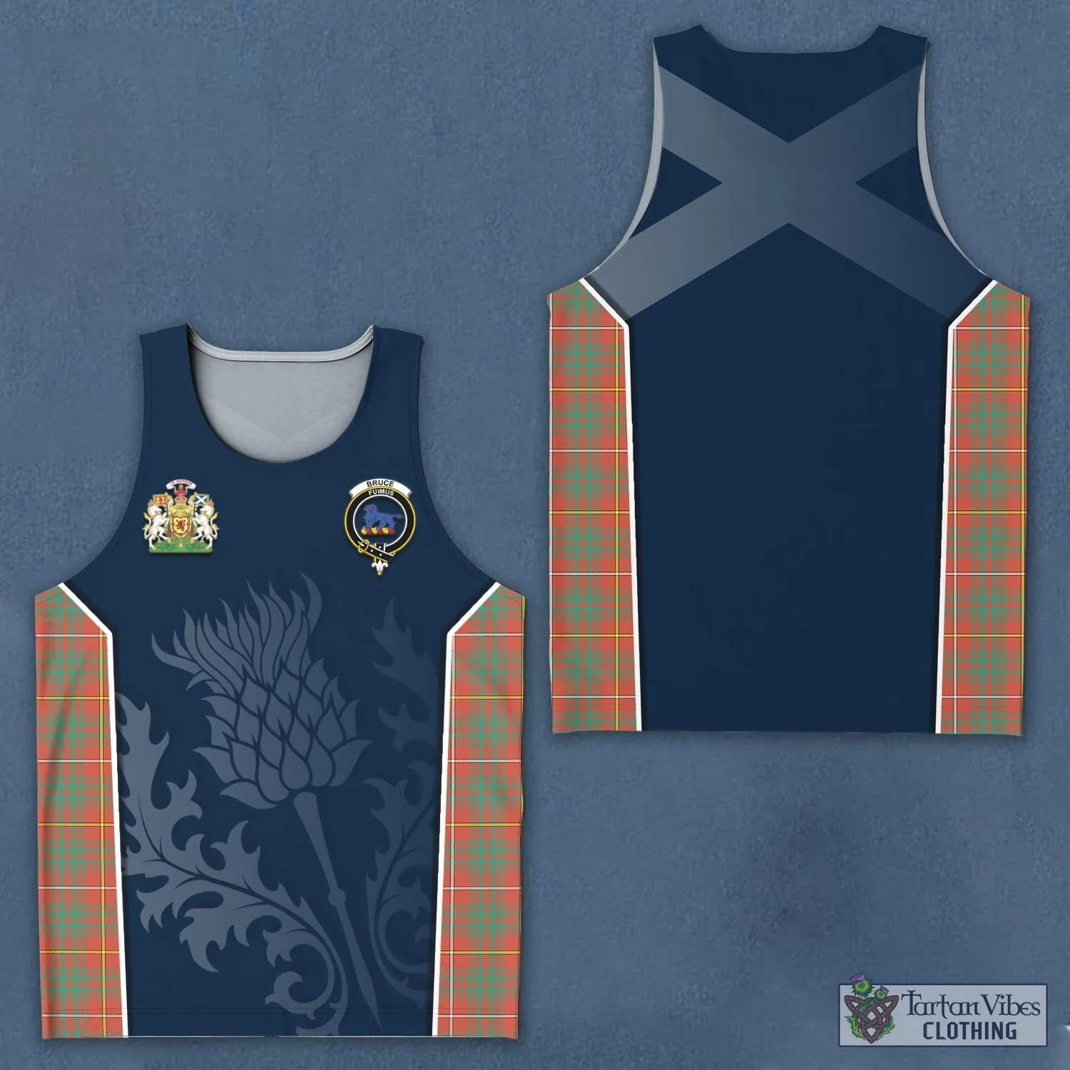 Bruce Ancient Tartan Men's Tanks Top with Family Crest and Scottish Thistle Vibes Sport Style