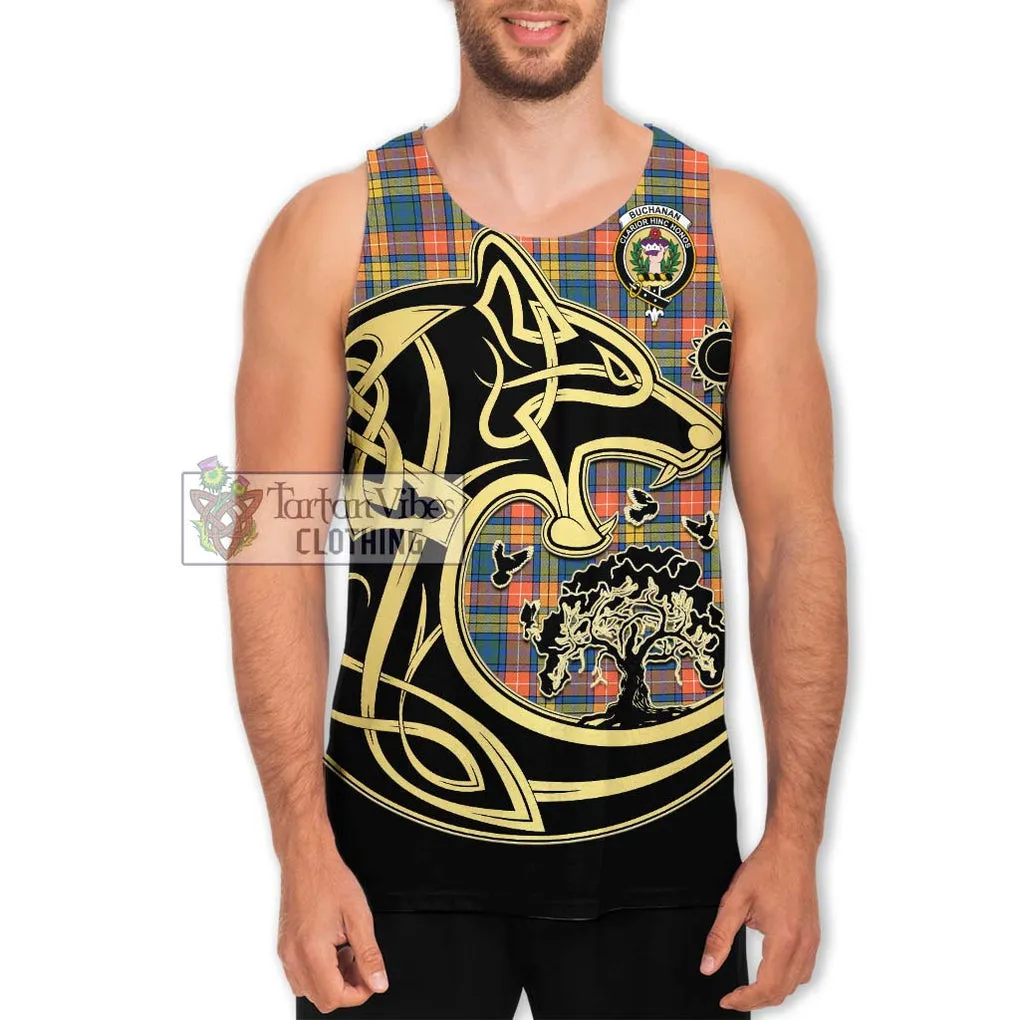 Buchanan Ancient Tartan Men's Tank Top with Family Crest Celtic Wolf Style