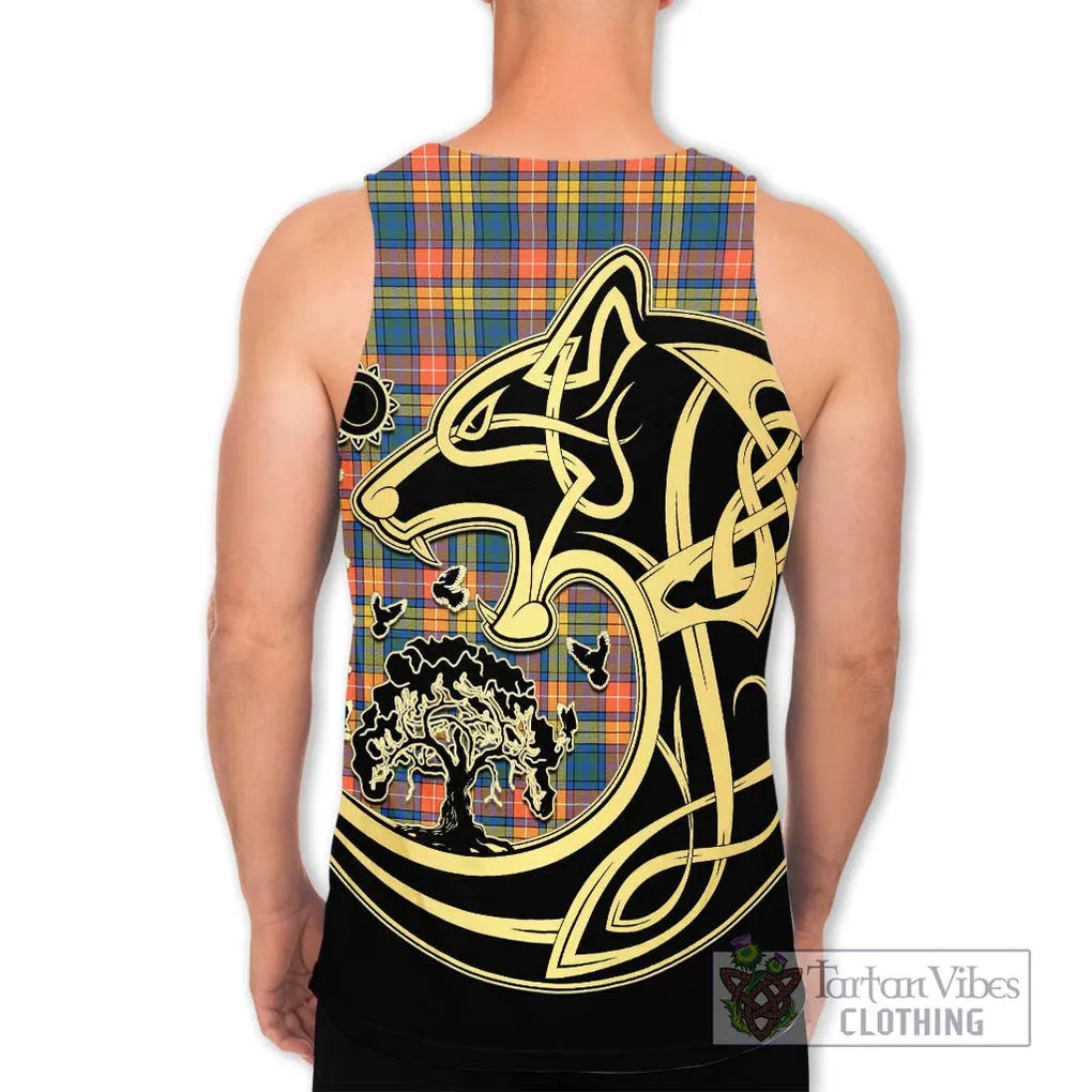 Buchanan Ancient Tartan Men's Tank Top with Family Crest Celtic Wolf Style