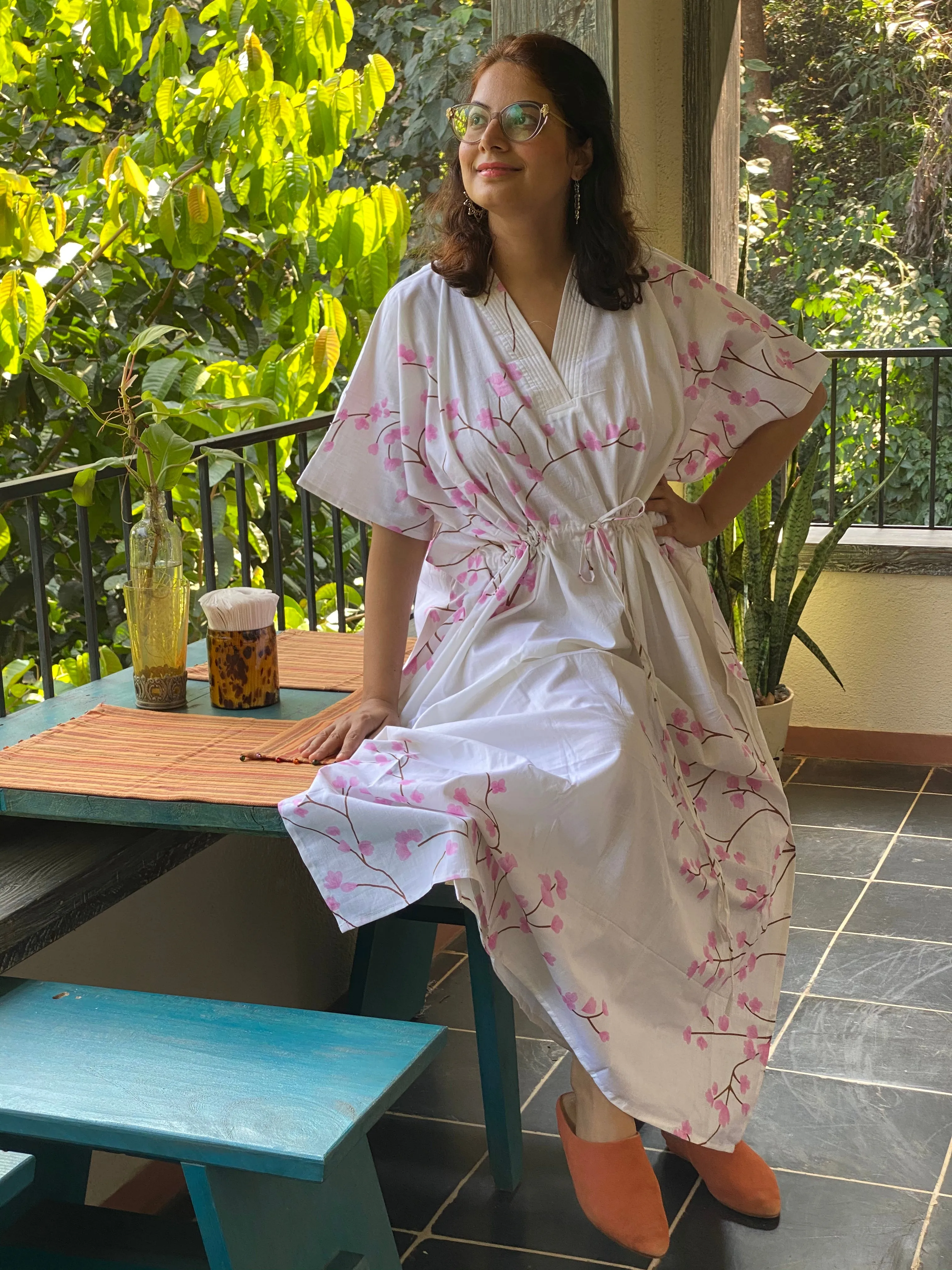 Cherry Blossom V-Neck, Cinched Waist Ankle Length Caftan