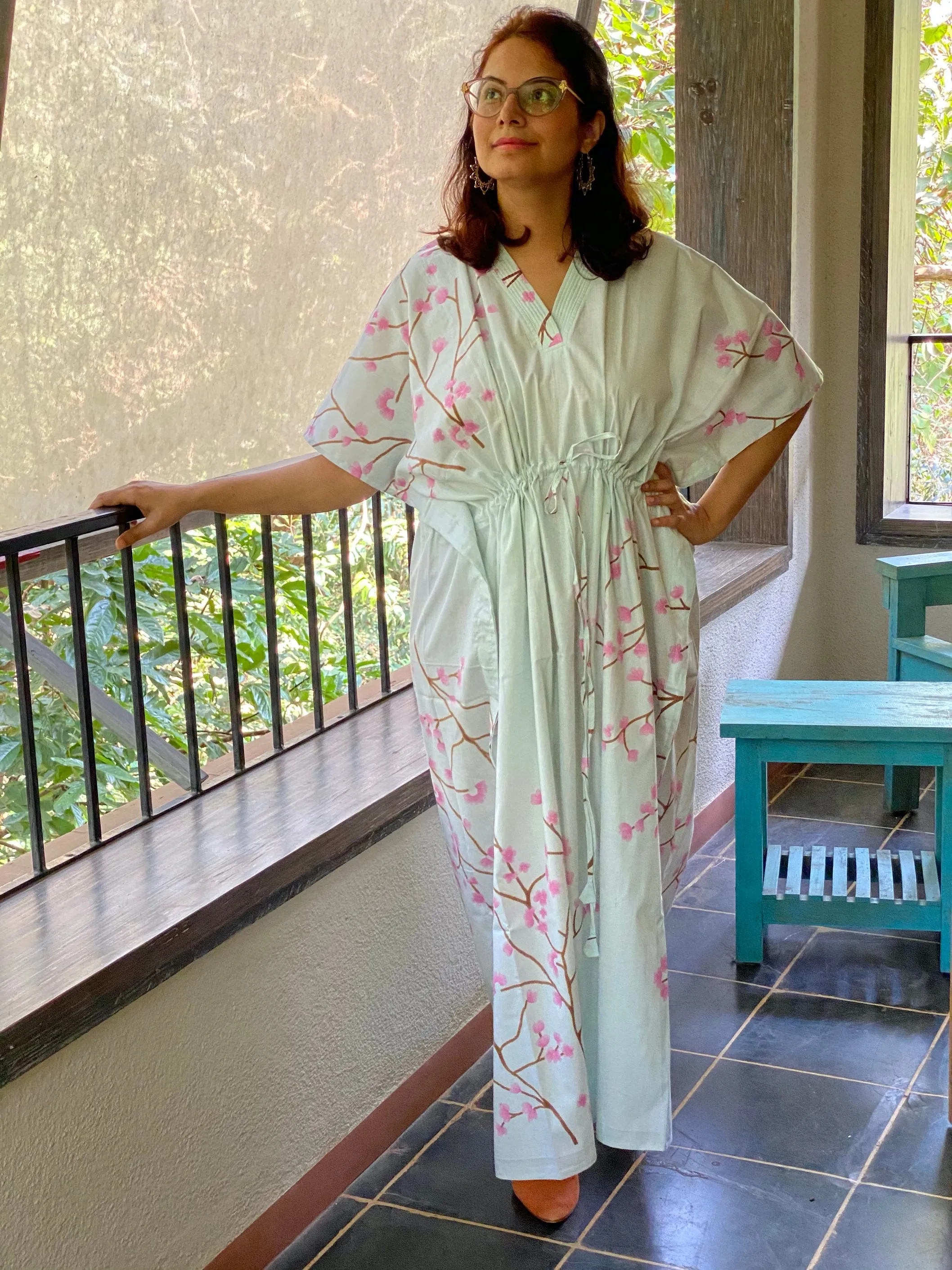 Cherry Blossom V-Neck, Cinched Waist Ankle Length Caftan