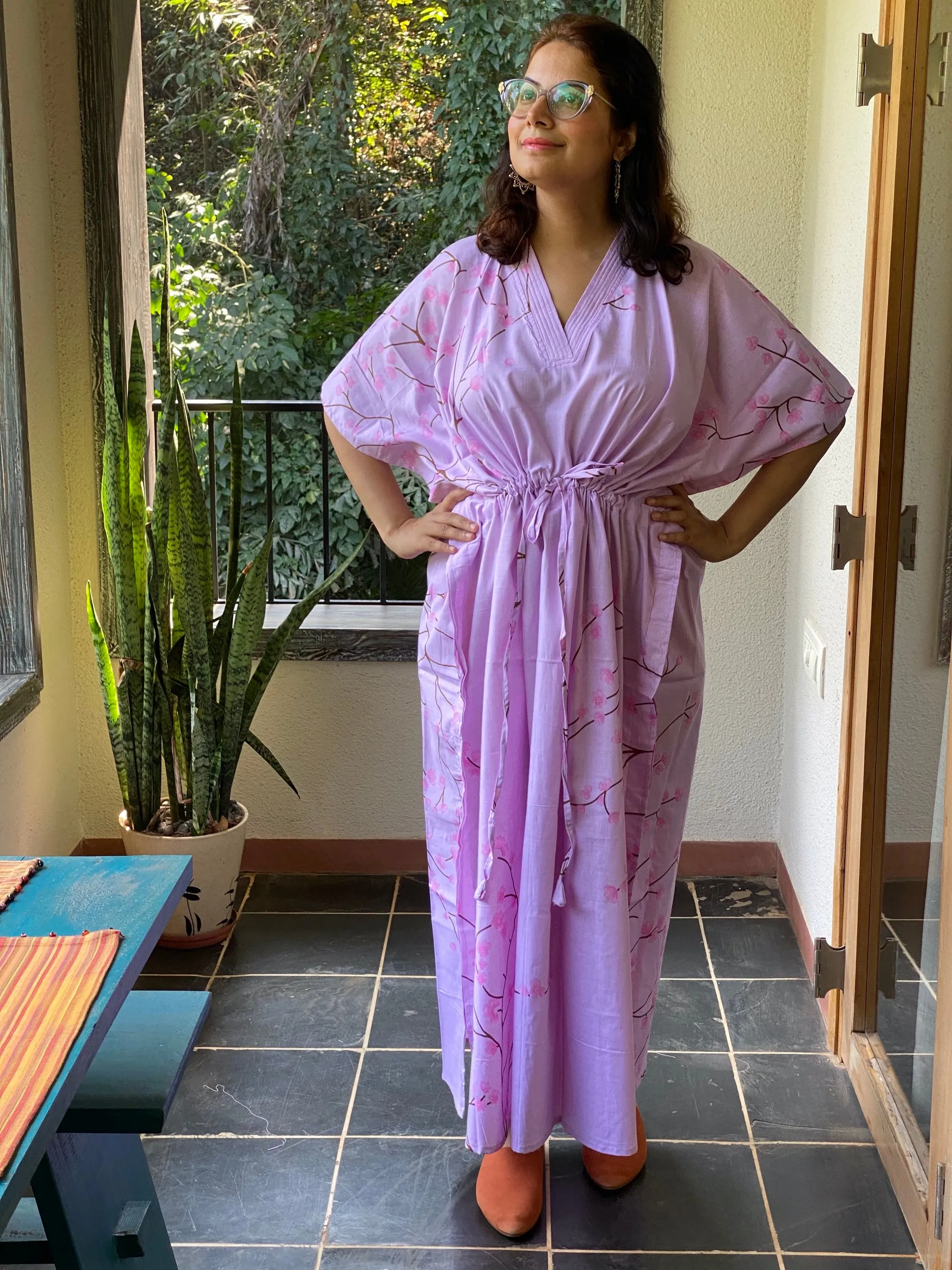 Cherry Blossom V-Neck, Cinched Waist Ankle Length Caftan