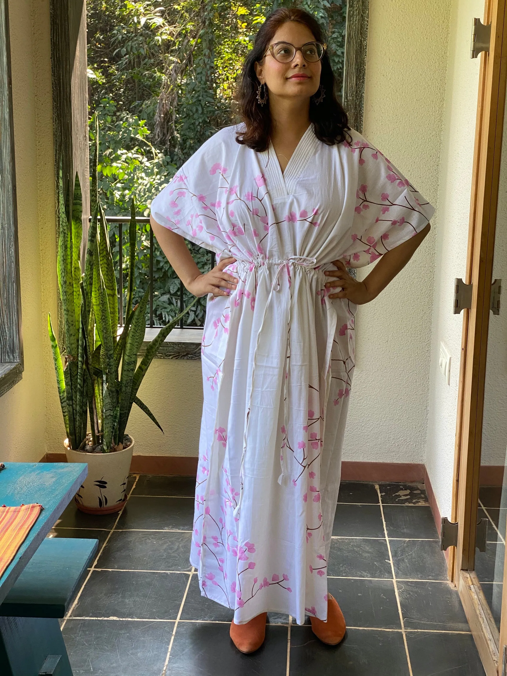 Cherry Blossom V-Neck, Cinched Waist Ankle Length Caftan