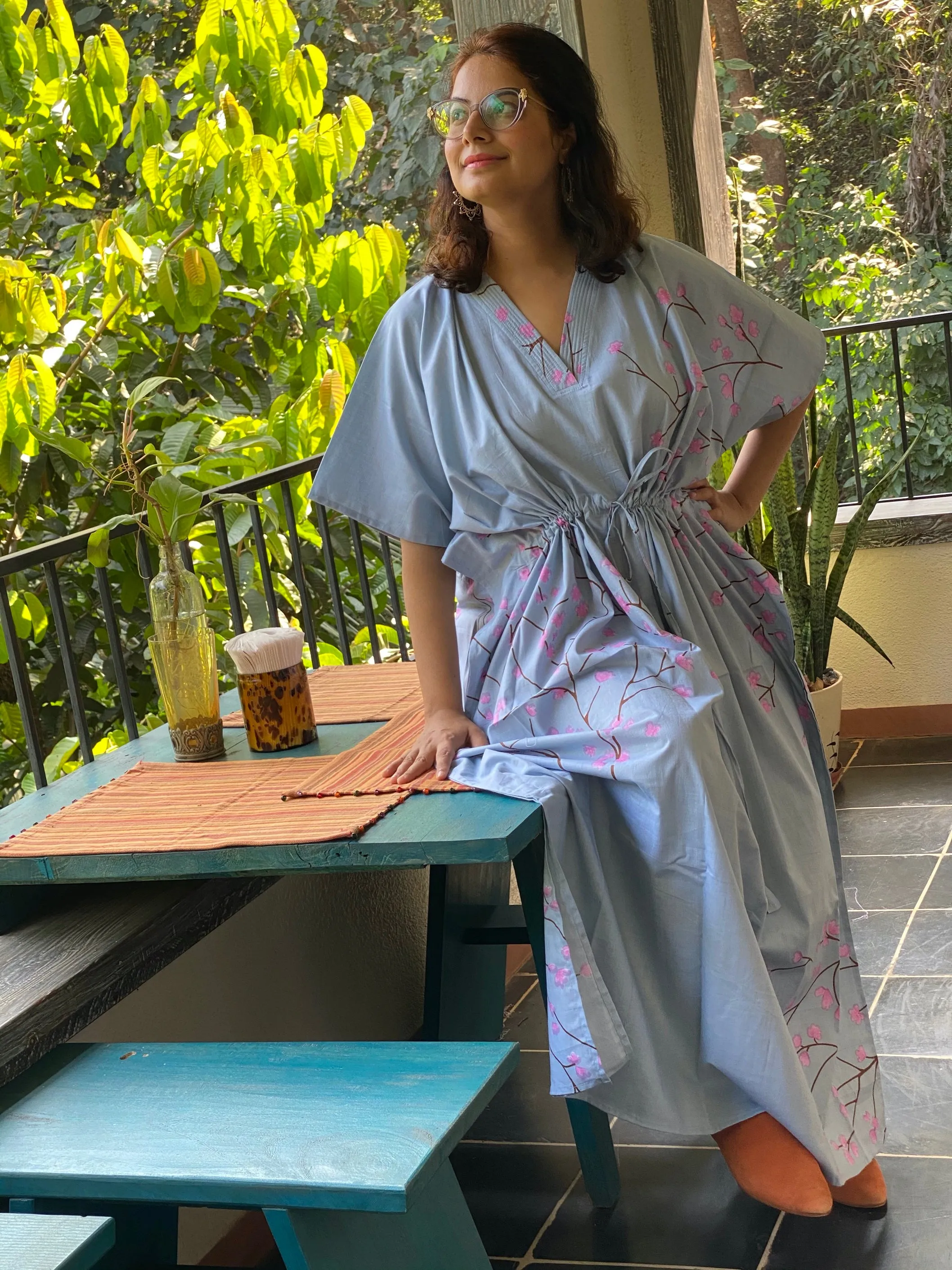 Cherry Blossom V-Neck, Cinched Waist Ankle Length Caftan