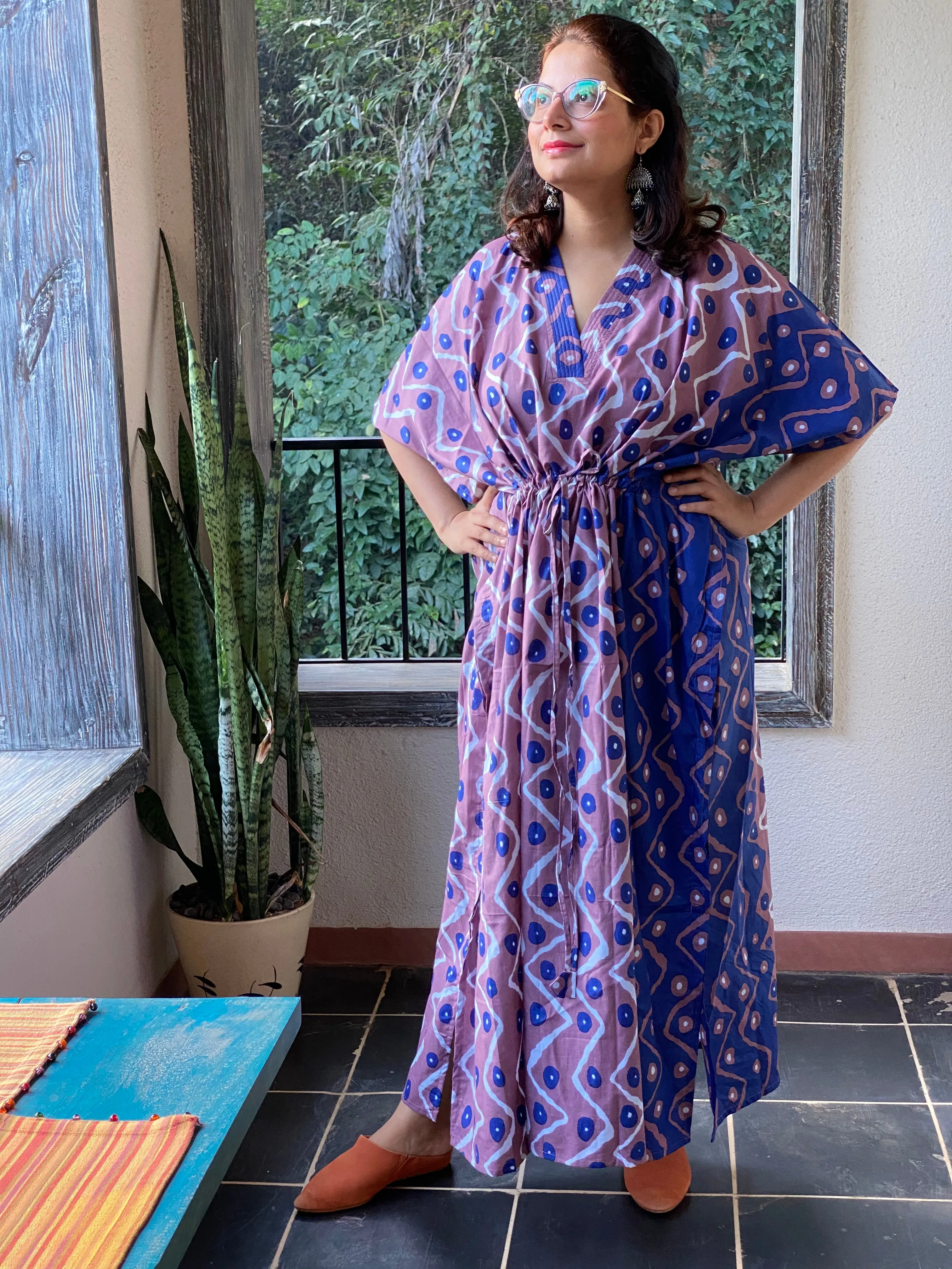 Chevron Dots V-Neck, Cinched Waist Ankle Length Caftan