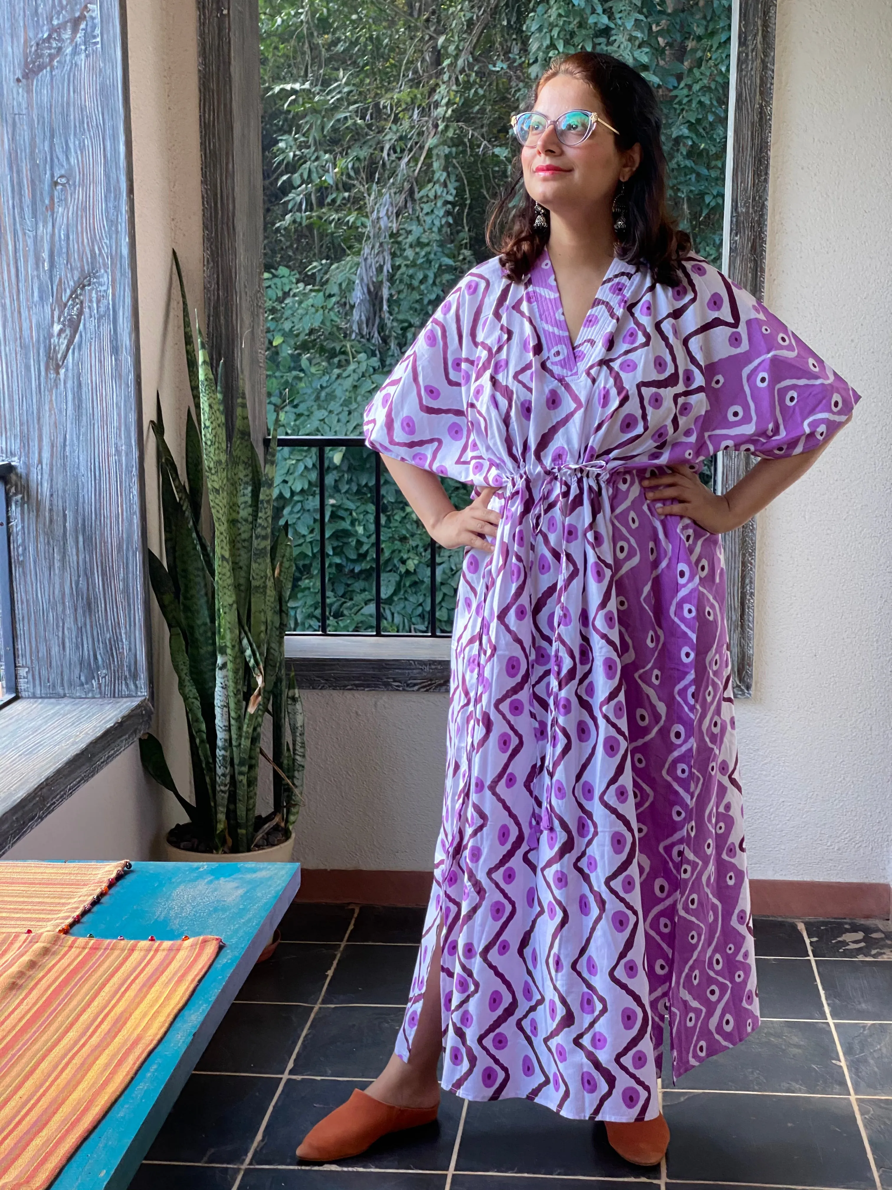 Chevron Dots V-Neck, Cinched Waist Ankle Length Caftan