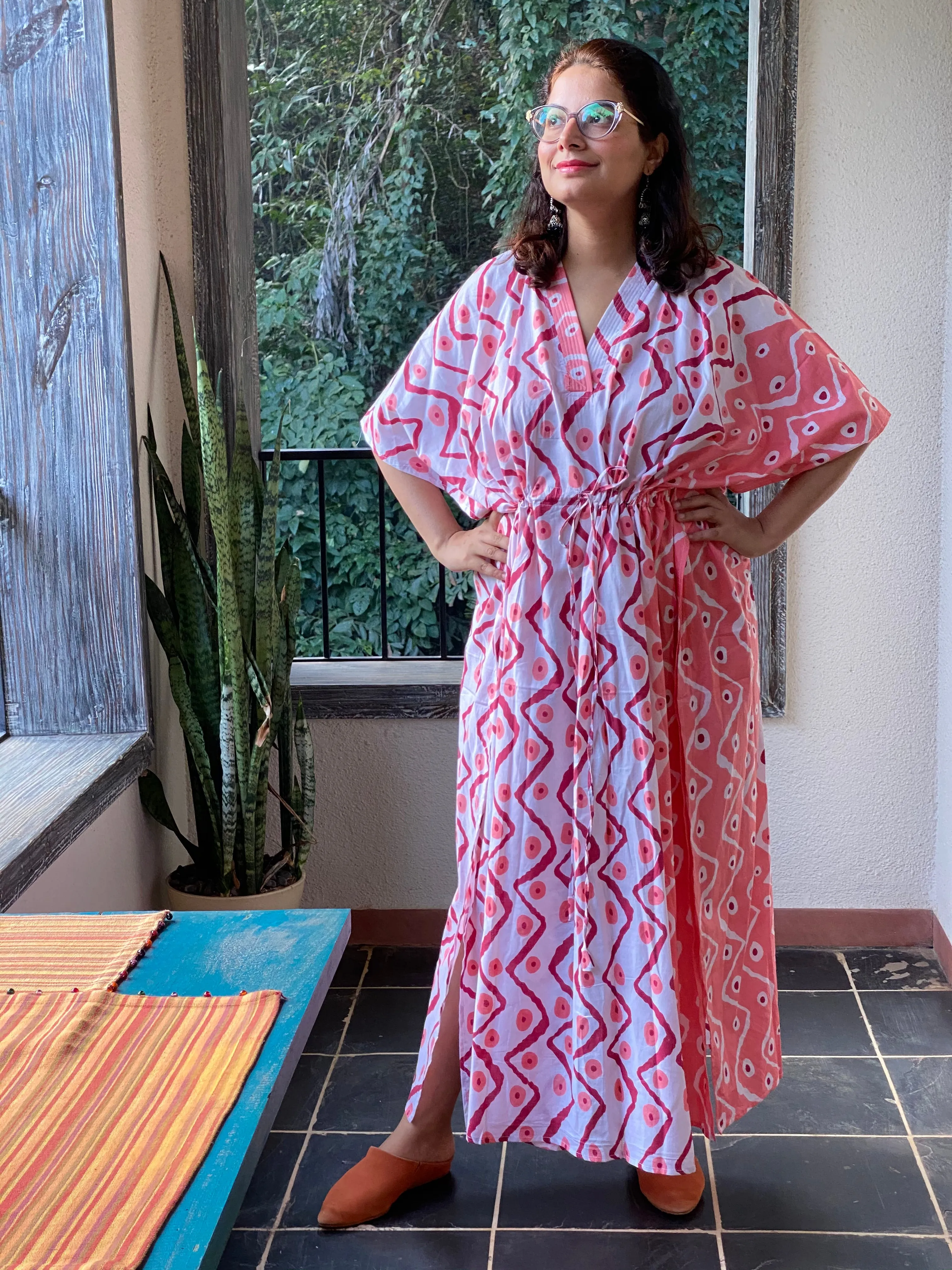 Chevron Dots V-Neck, Cinched Waist Ankle Length Caftan