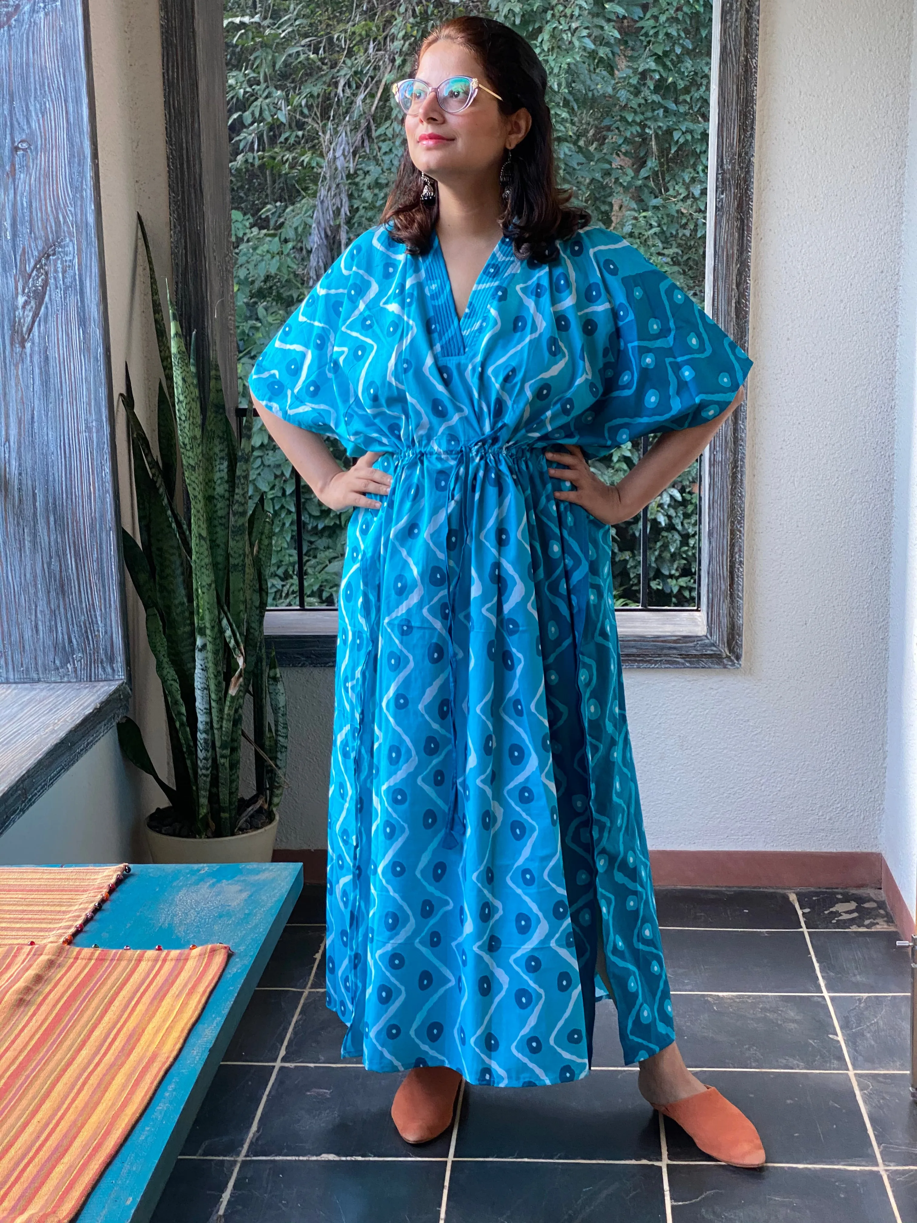 Chevron Dots V-Neck, Cinched Waist Ankle Length Caftan