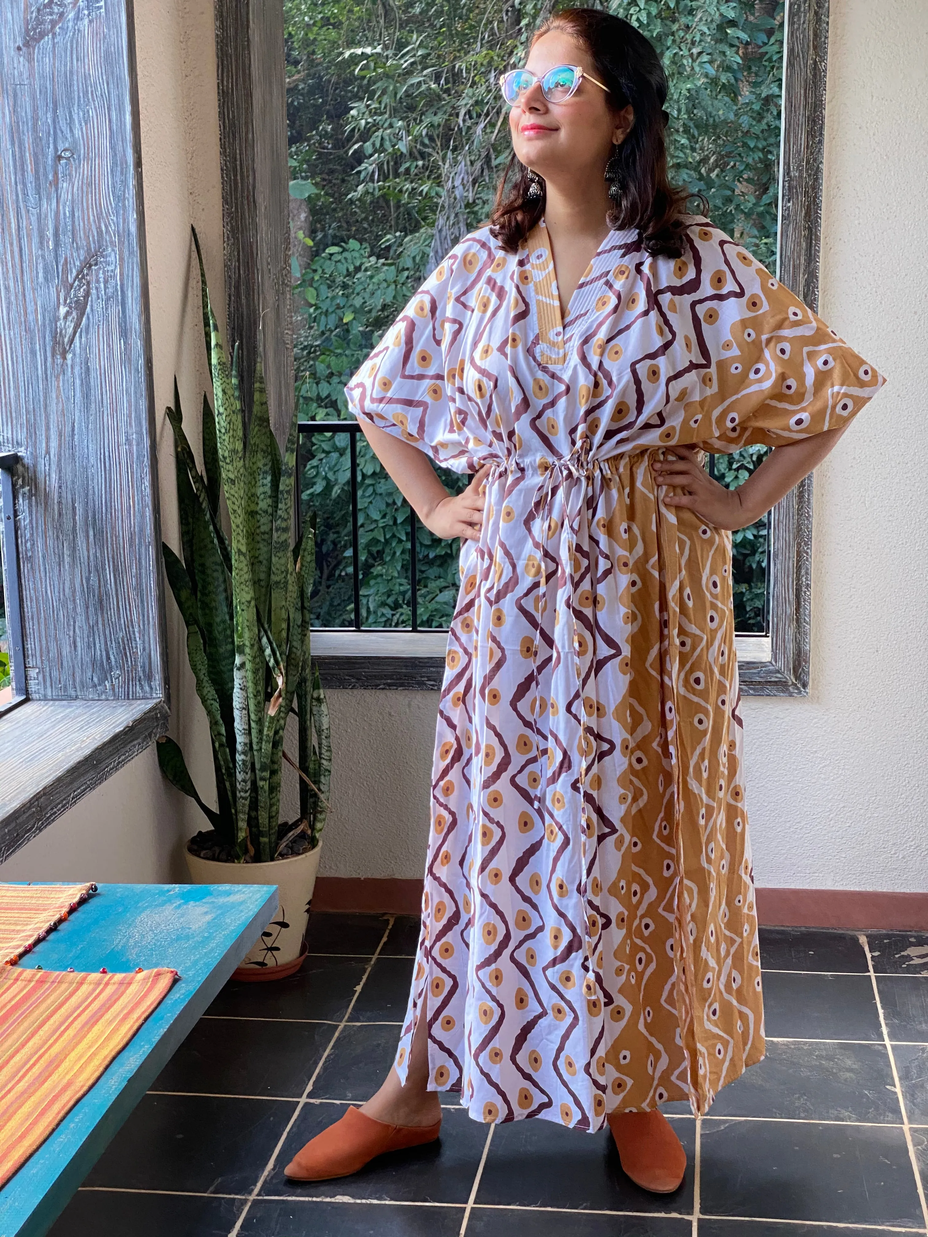 Chevron Dots V-Neck, Cinched Waist Ankle Length Caftan