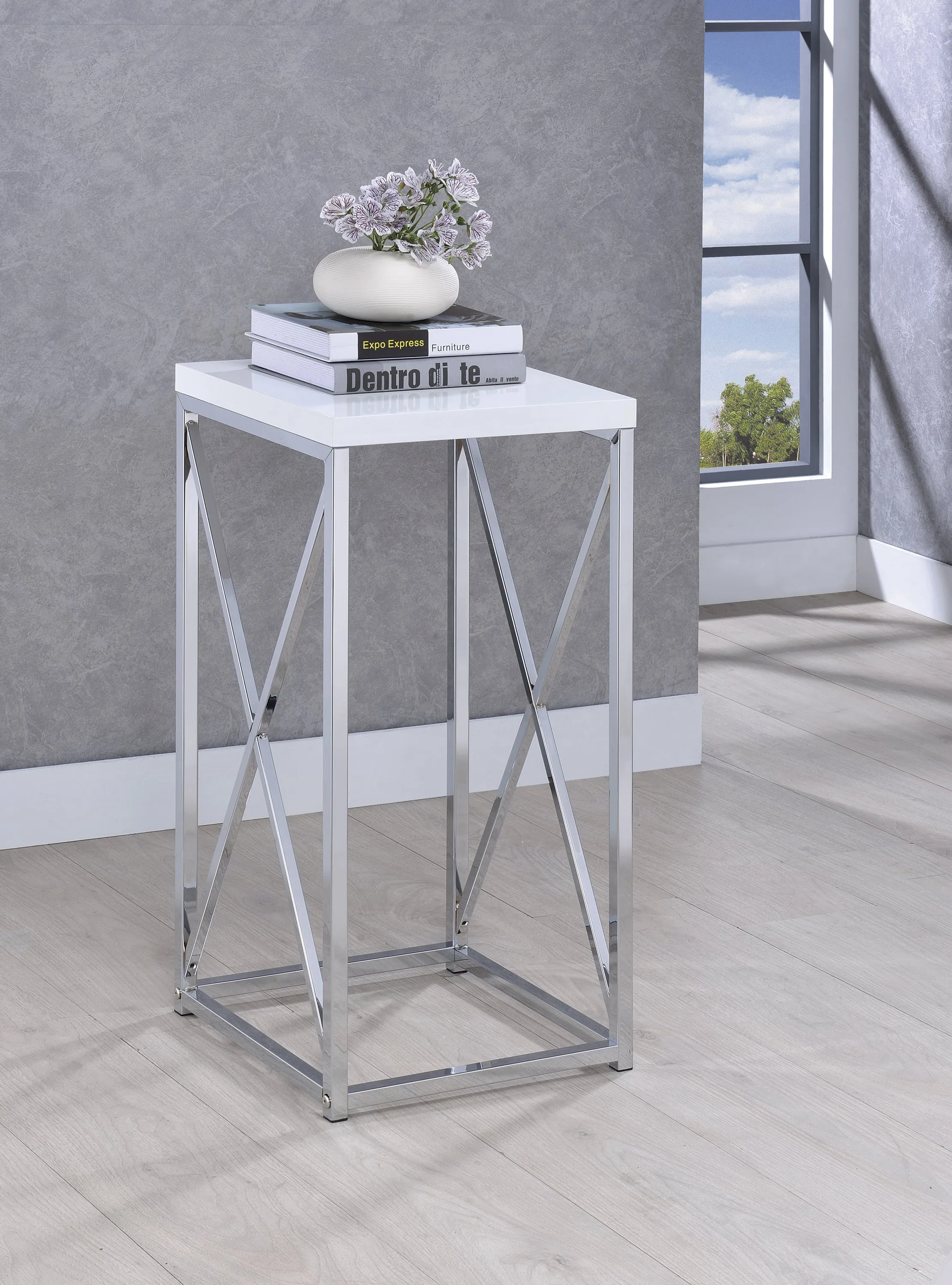 Contemporary Glossy White and Chrome Accent Table