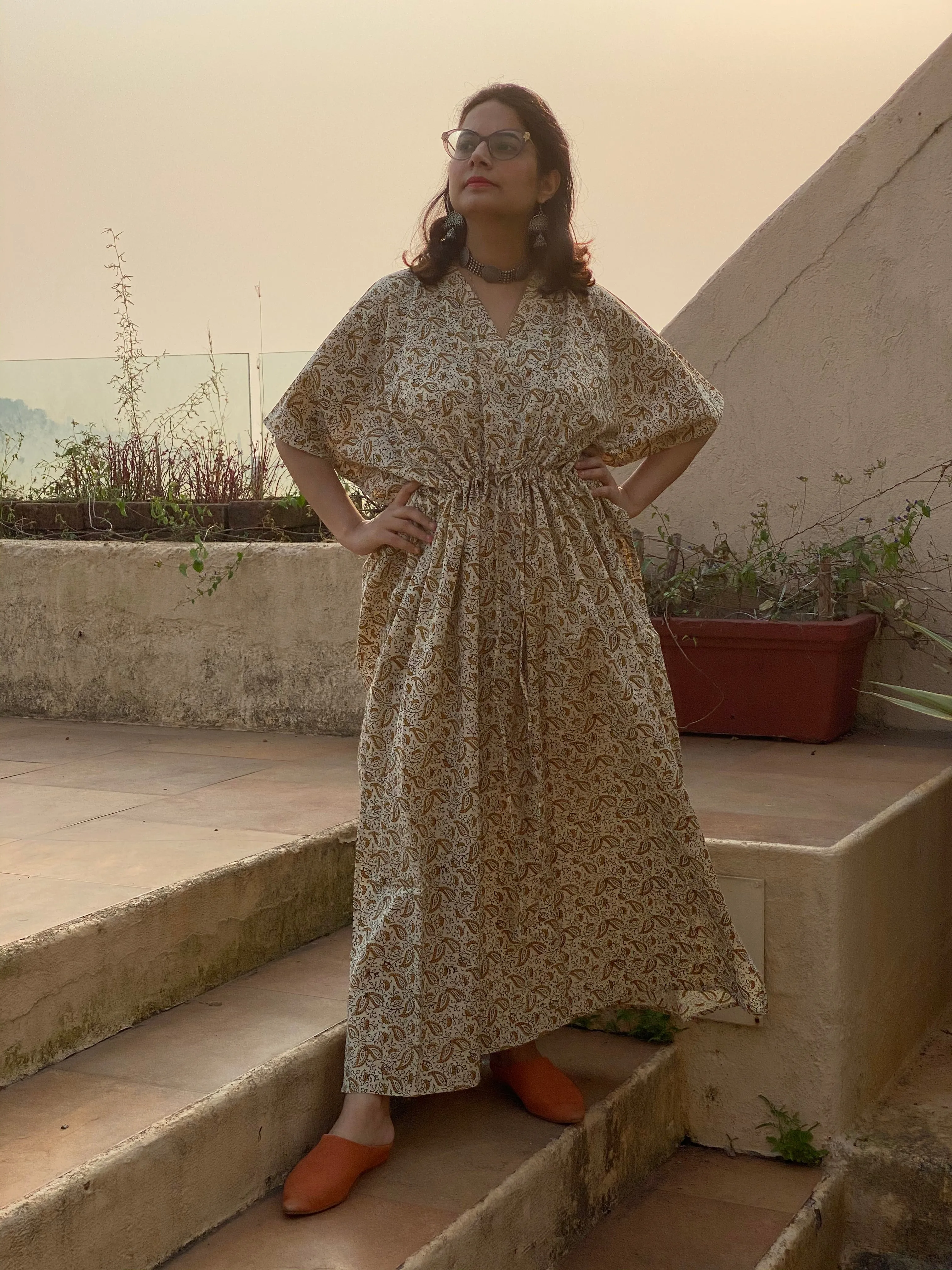 Cream Gold Paisley Motif Hand Block Printed Caftan with V-Neck, Cinched Waist and Available in both Knee and Ankle Length