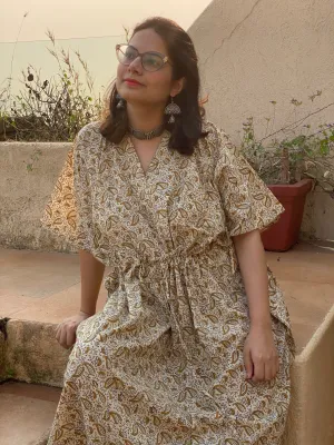 Cream Gold Paisley Motif Hand Block Printed Caftan with V-Neck, Cinched Waist and Available in both Knee and Ankle Length