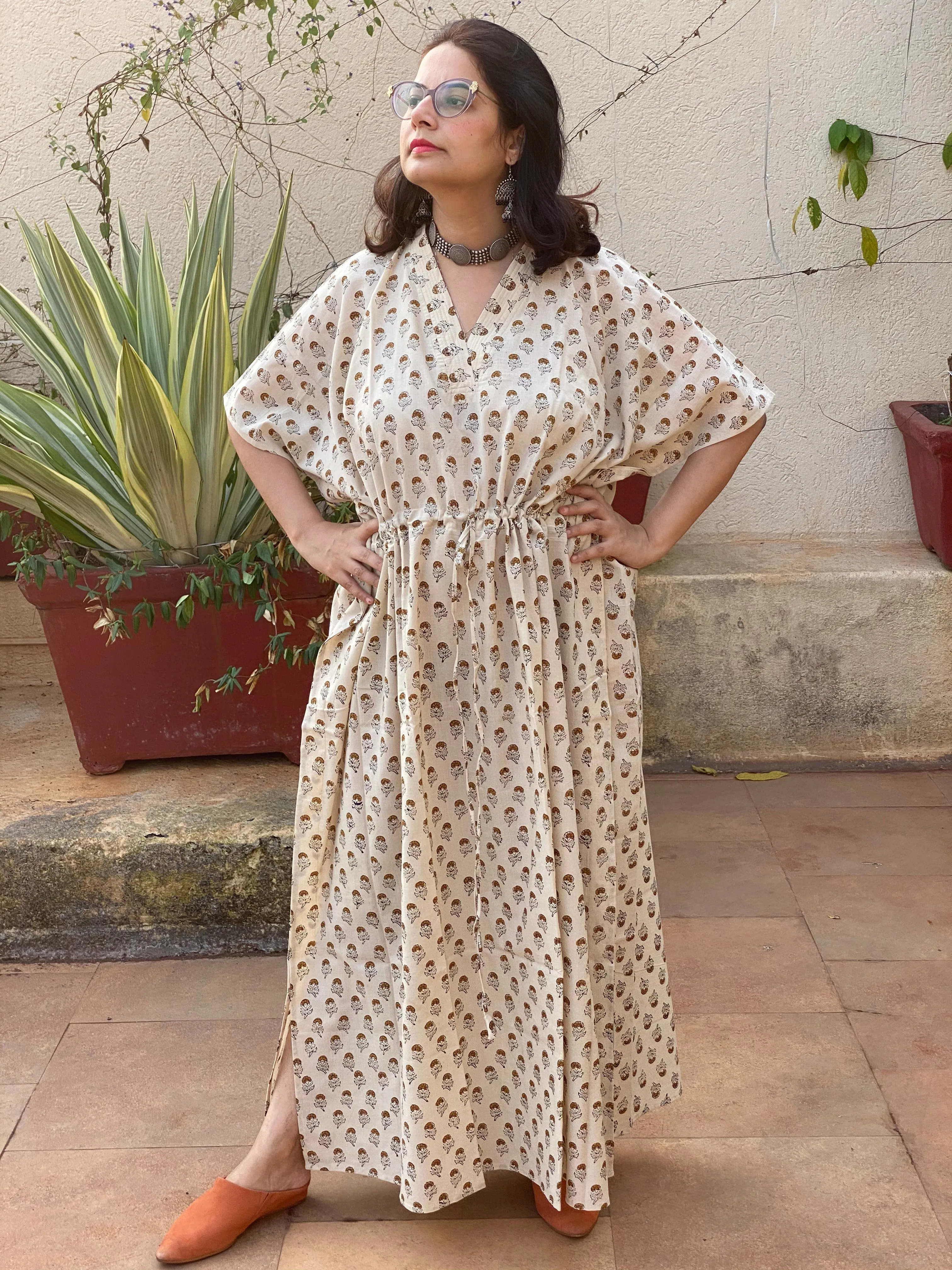 Cream Mustard Floral Motif Hand-Blocked Kaftan with V-Neck, Cinched Waist and Available in both Knee and Ankle Length