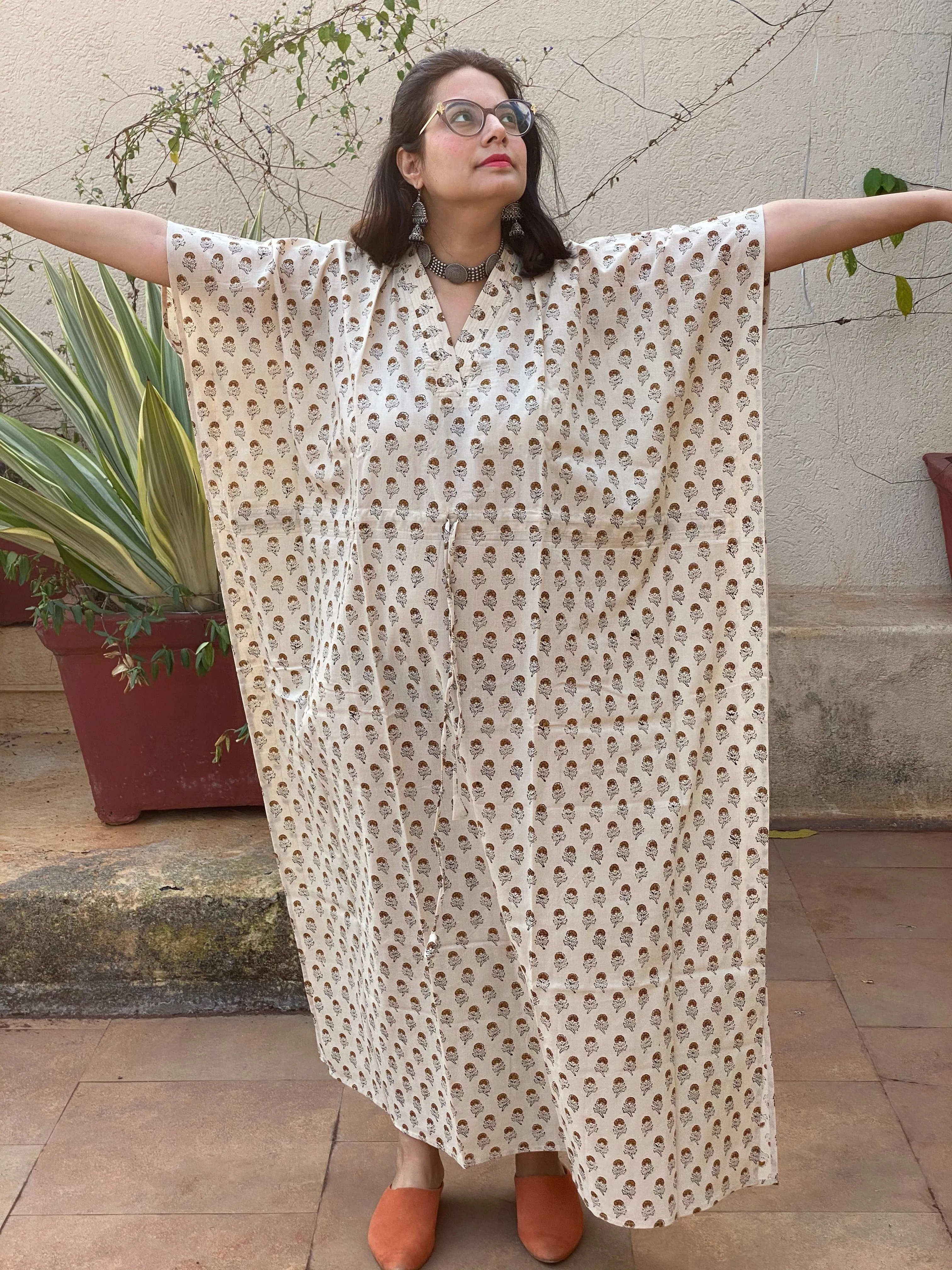 Cream Mustard Floral Motif Hand-Blocked Kaftan with V-Neck, Cinched Waist and Available in both Knee and Ankle Length